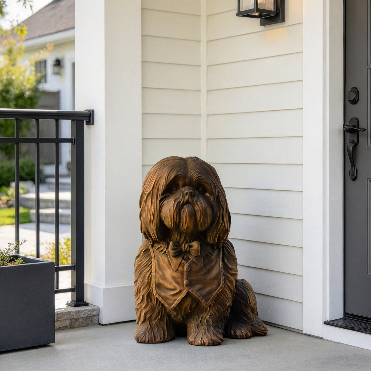 A realistic brown dog statue wearing a bow tie, placed on a concrete porch in front of a house with white siding and a black door.