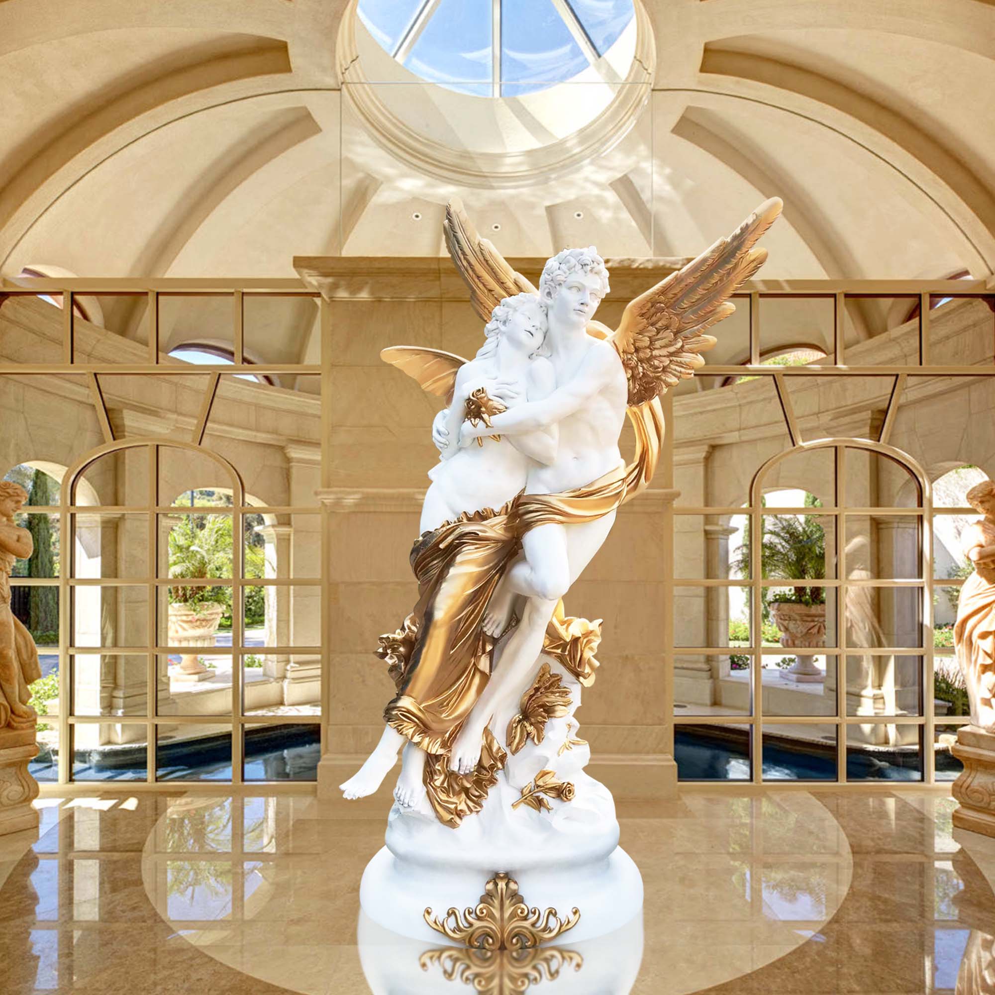 A marble and gold-accented sculpture of Cupid and Psyche in a grand, classical indoor setting with arched windows and natural light from a skylight.