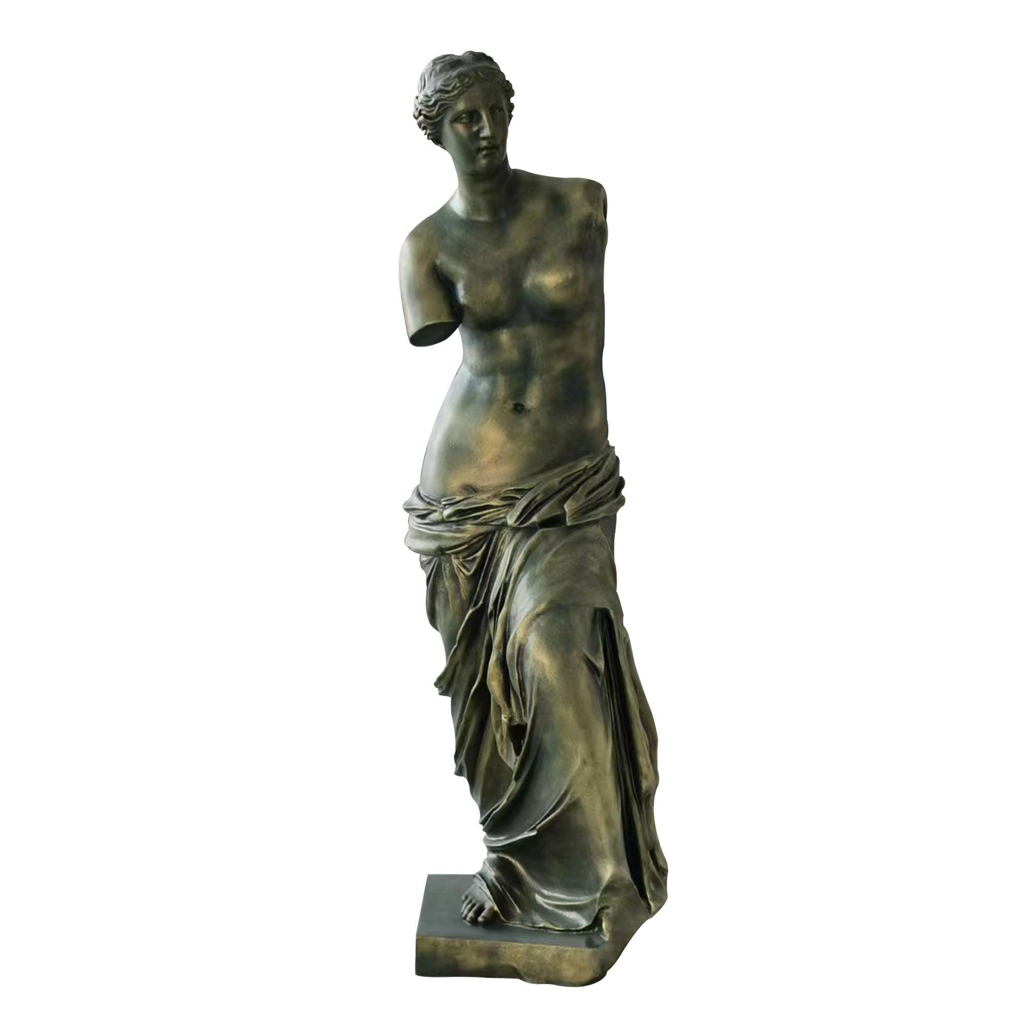 enus de Milo classical bronze color fiberglass figure standing in contrapposto pose with arms lacking and lower torso wrapped in drapery