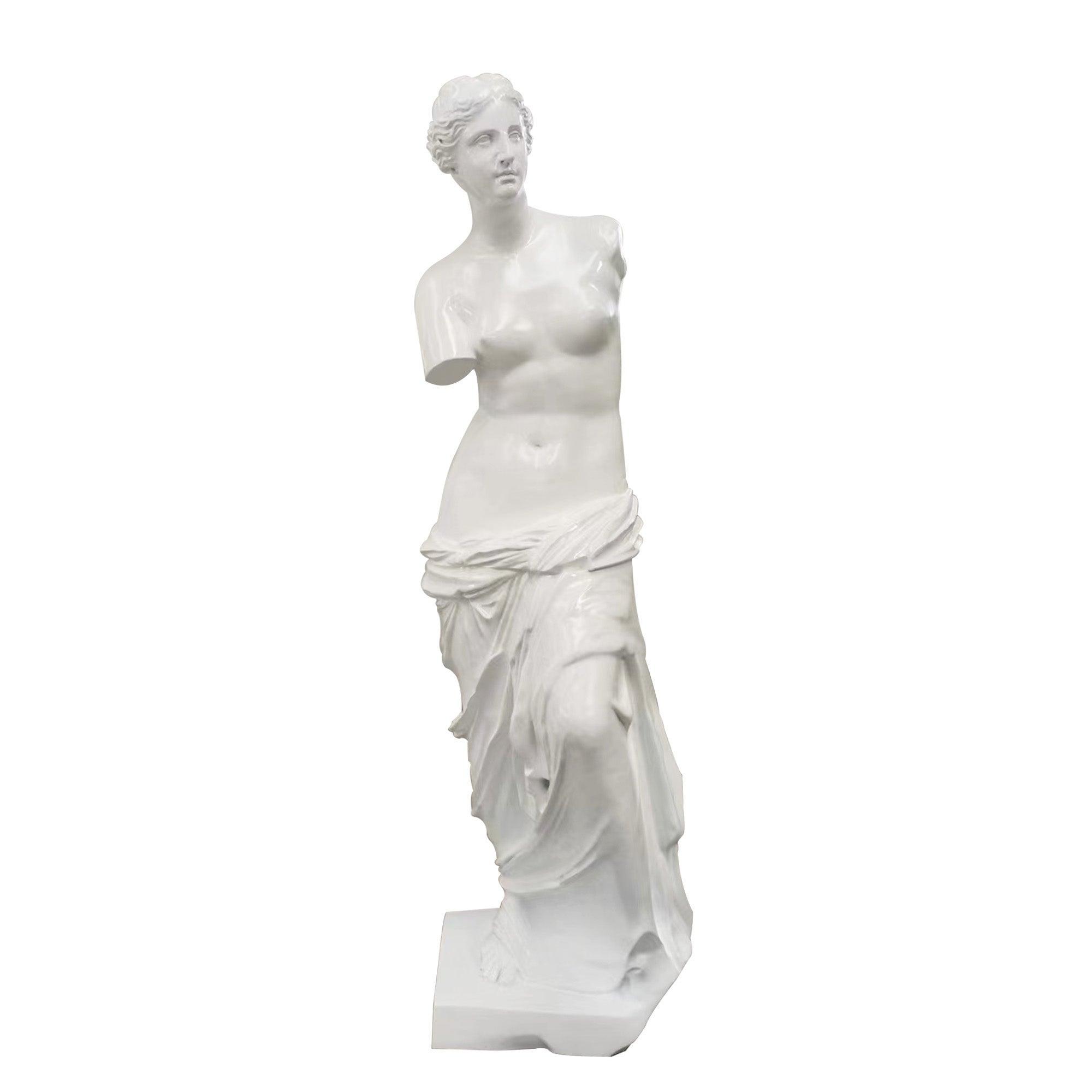 enus de Milo classical white color fiberglass figure standing in contrapposto pose with arms lacking and lower torso wrapped in drapery