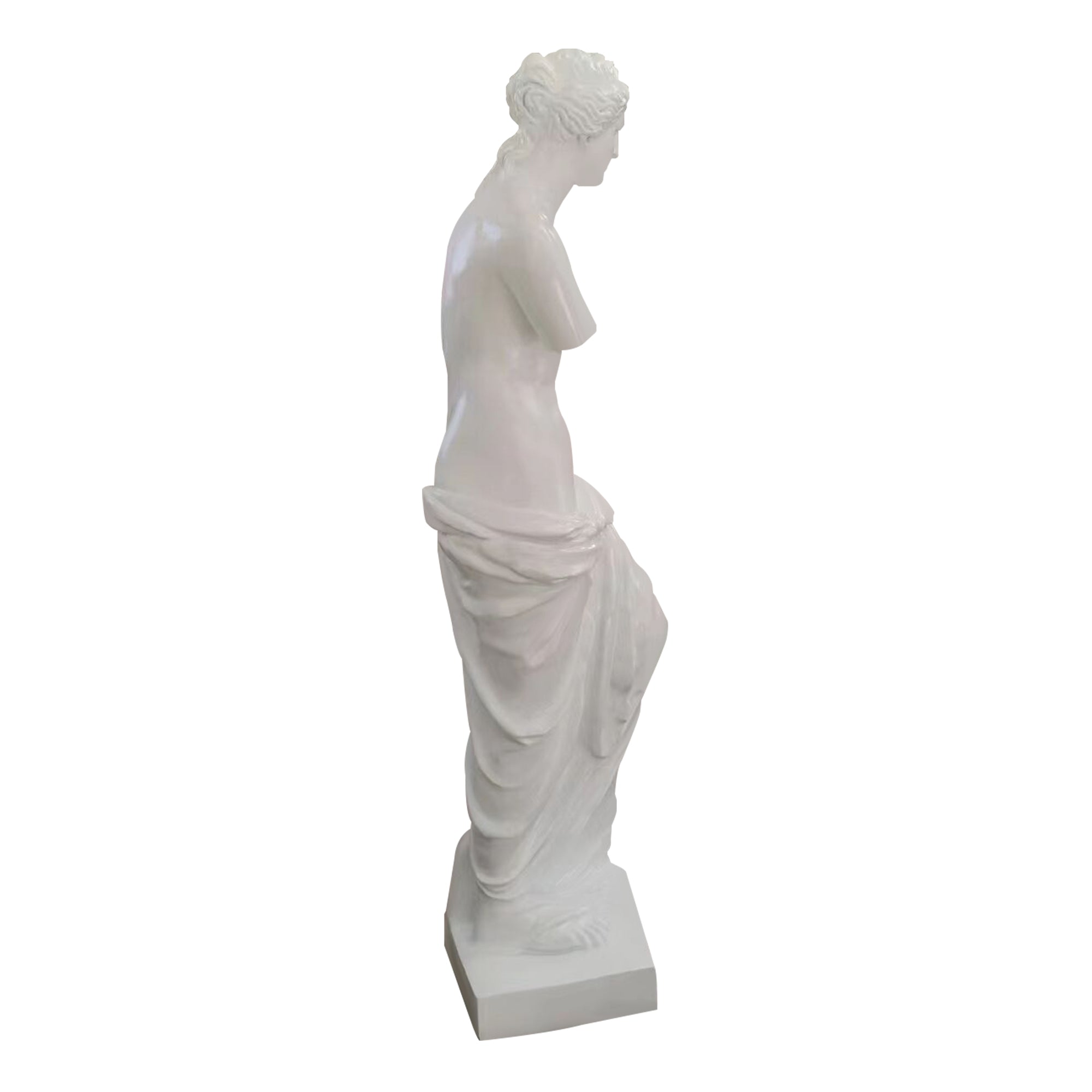 enus de Milo classical white color fiberglass figure standing in contrapposto pose with arms lacking and lower torso wrapped in drapery