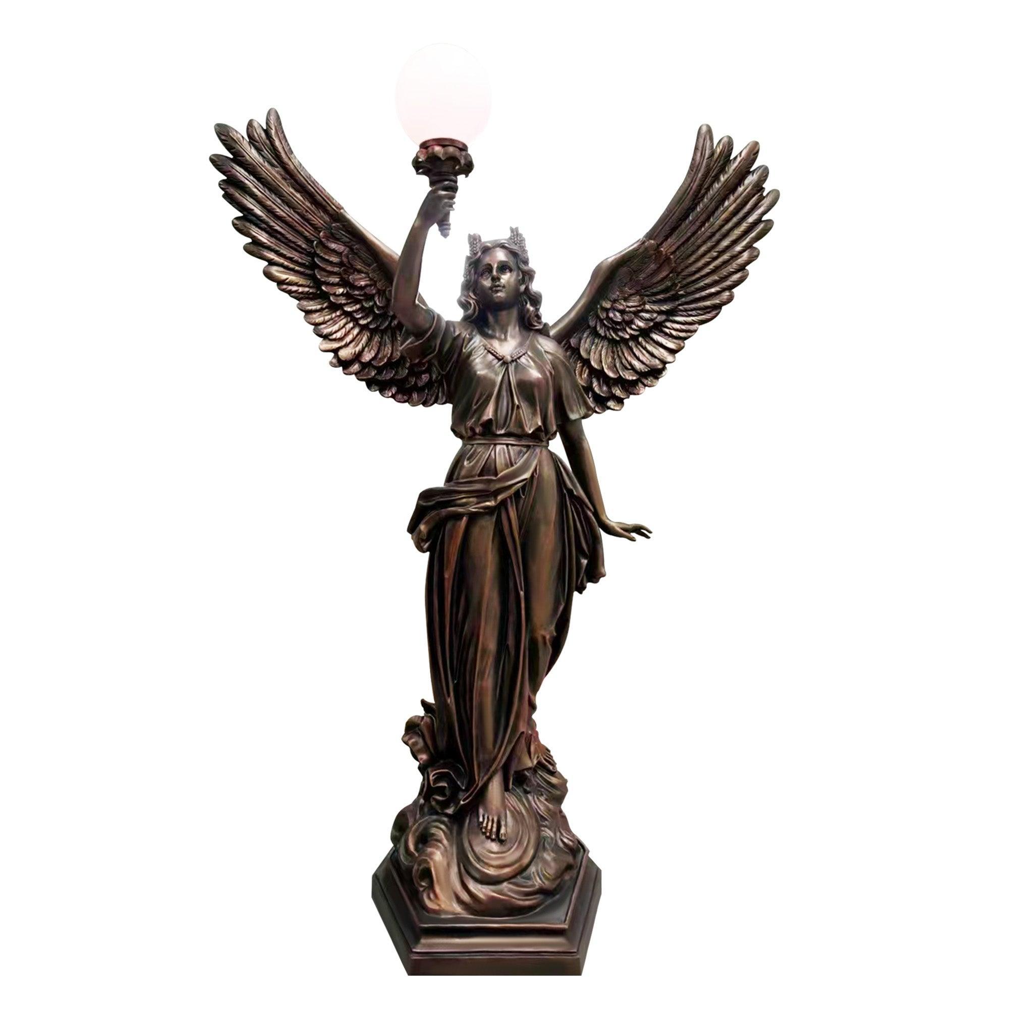 coppery color resin statue greek goddess Guardian angel lamp statue holding lamp right hand