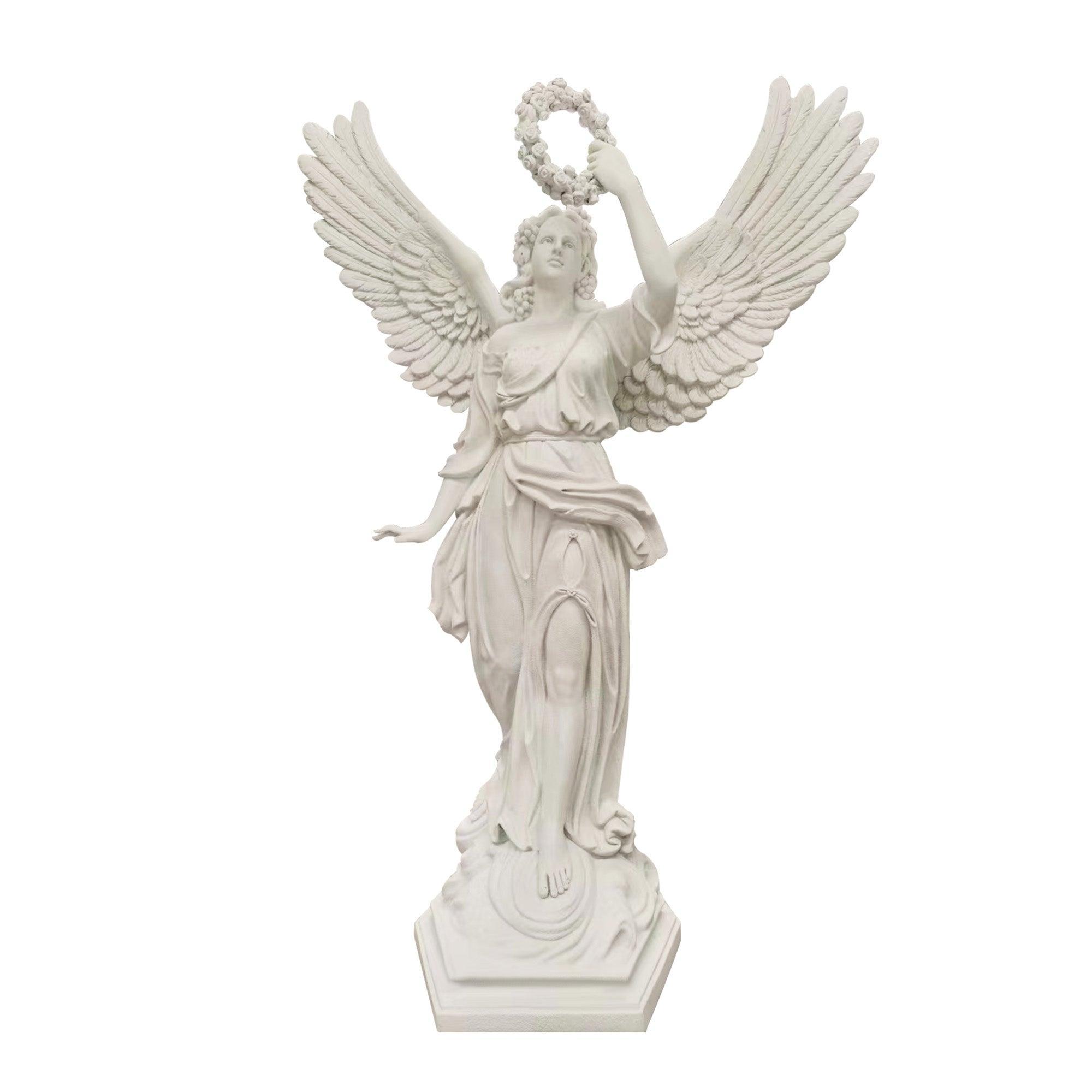 white color elegent angel fiberglass statue with flower ring aloft on hand