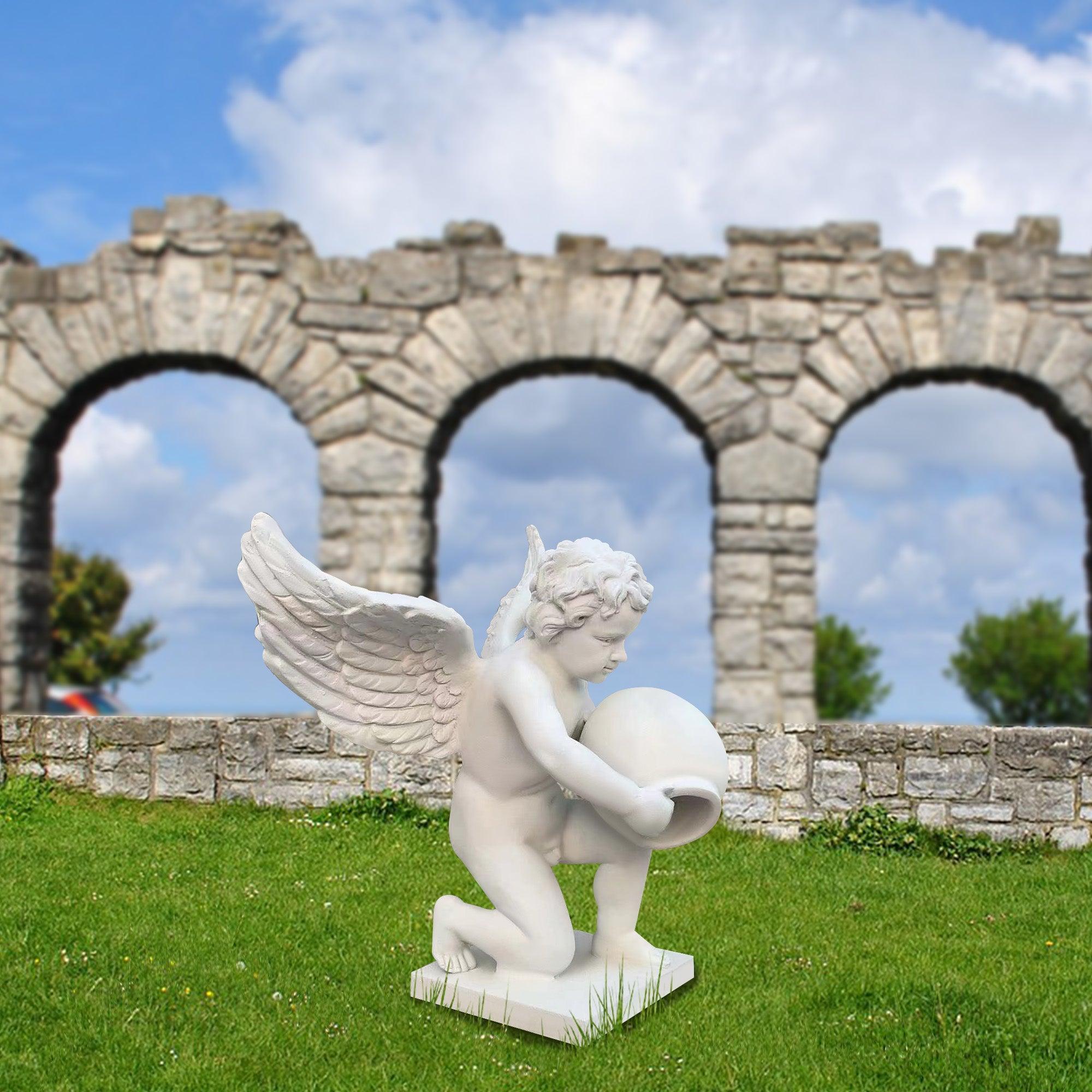 little angel on his knees pouring water white fiberglass sculpture for outdoor garden