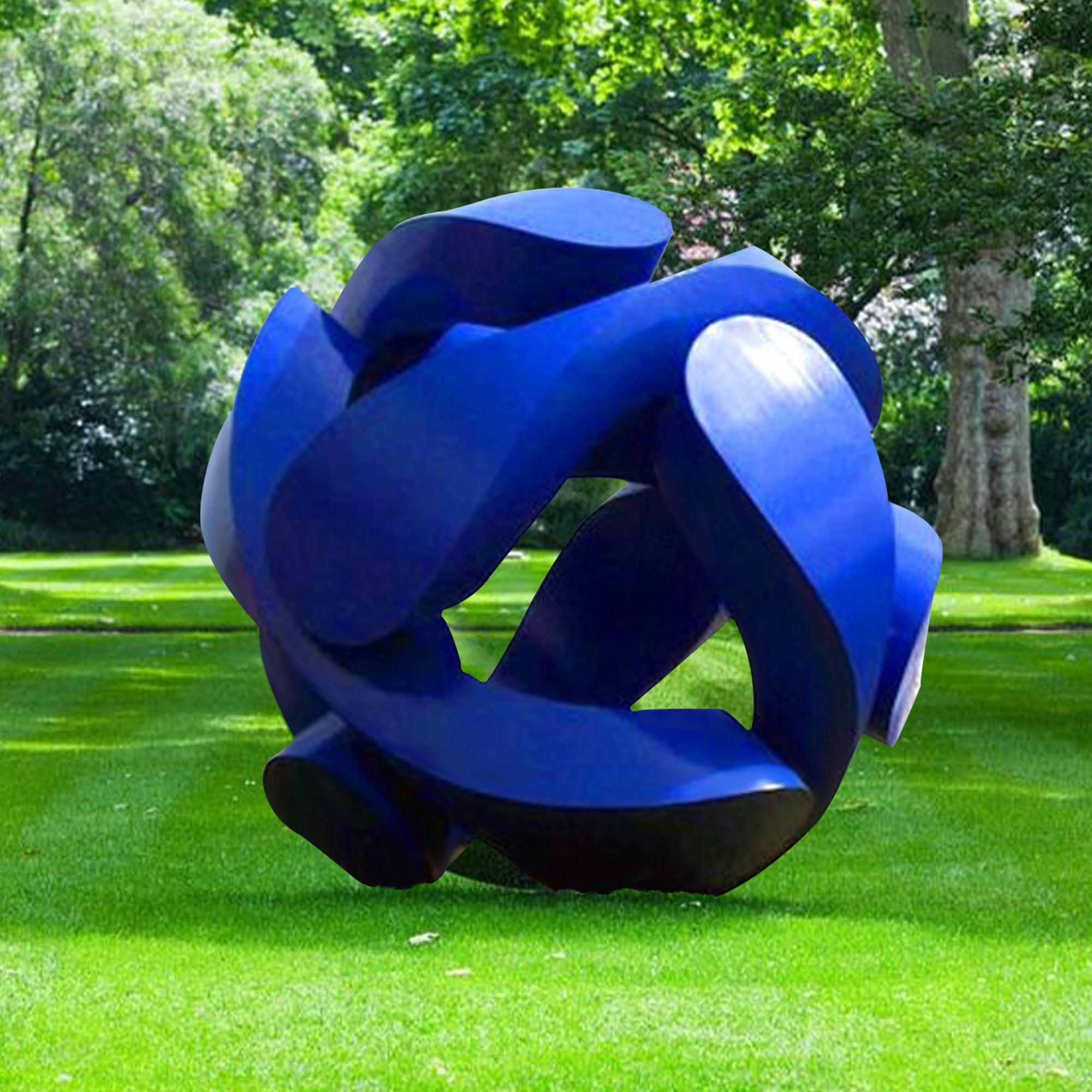 large outdoor statues blue hollow ball fiberglass sculpture on lawn