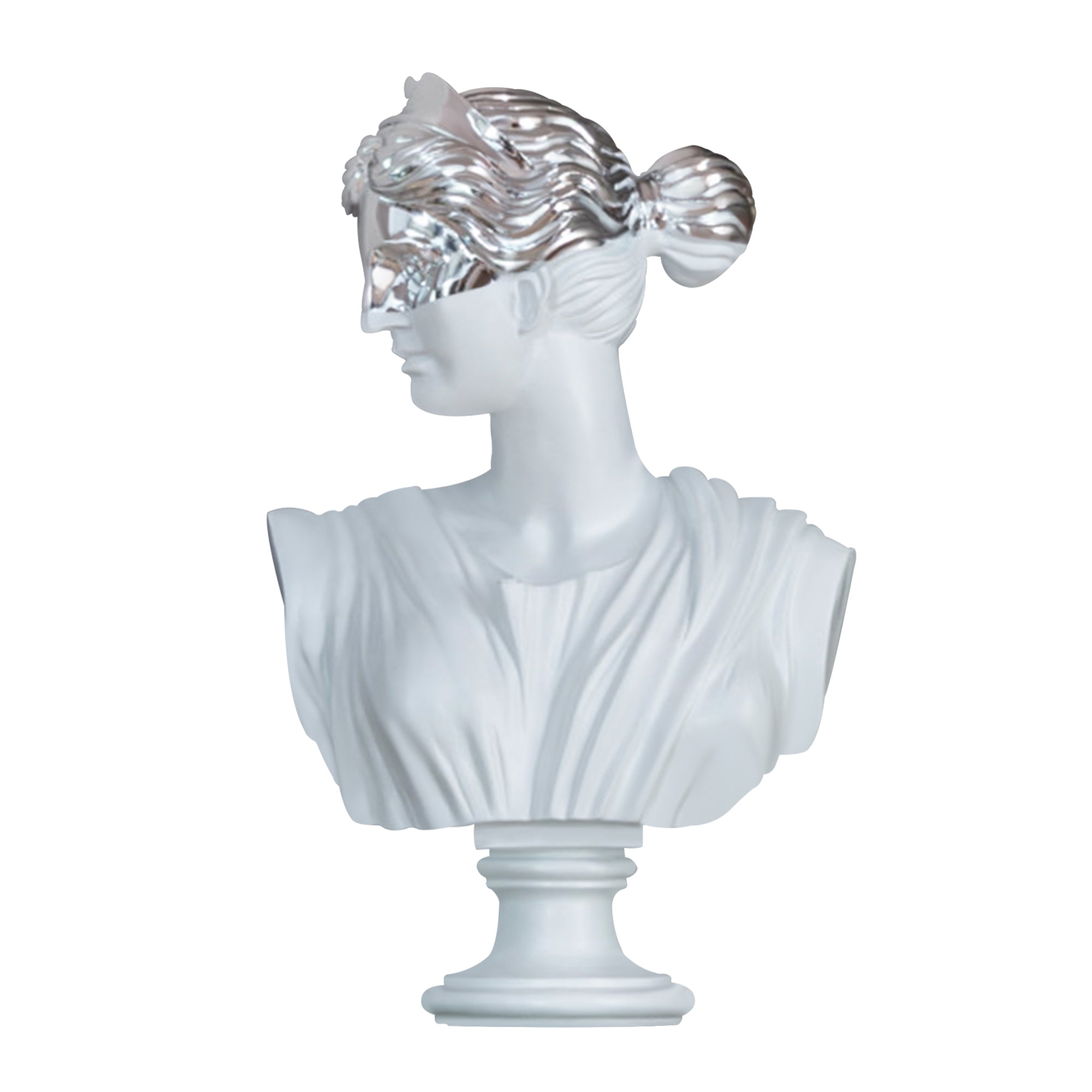 Greek goddess bust sculpture with a chrome mask on a white background