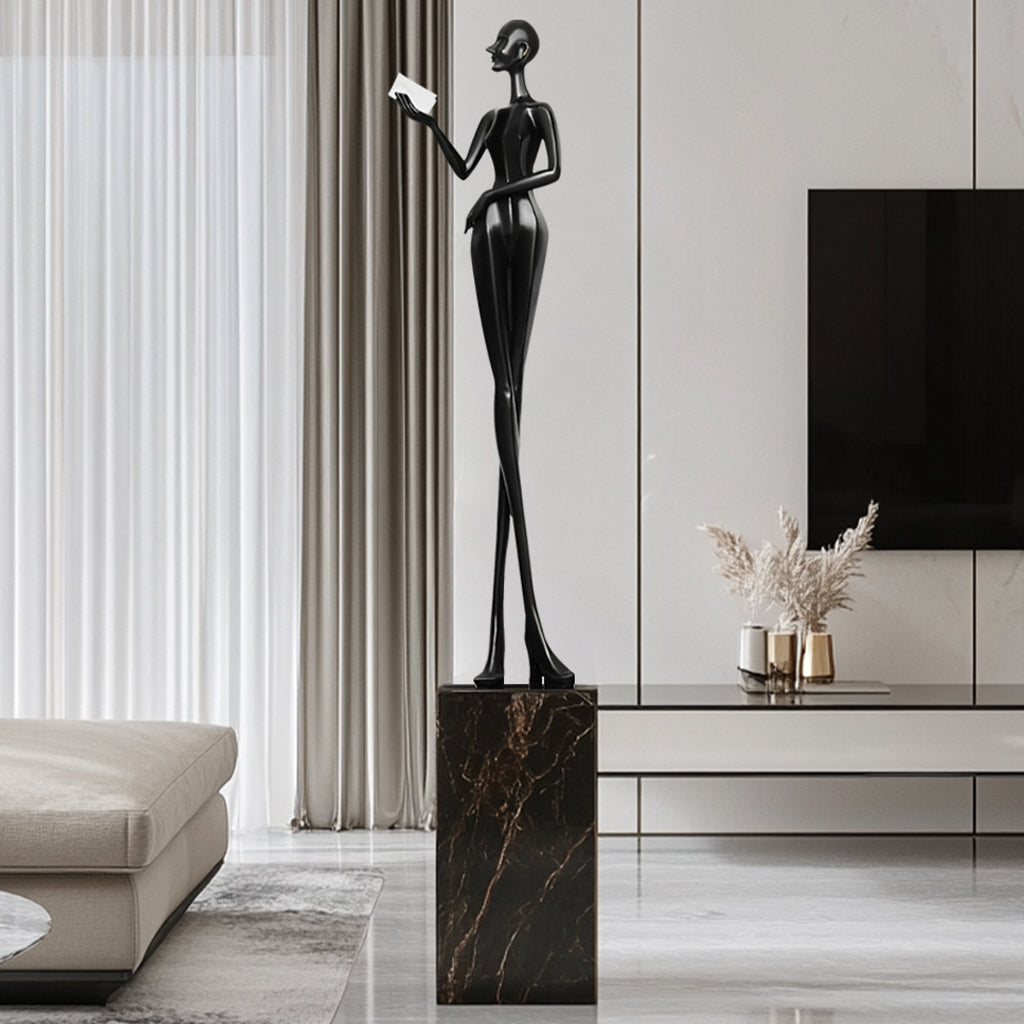 Custom human abstract black indoor floor sculpture with glossy black finish, display indoor living room 