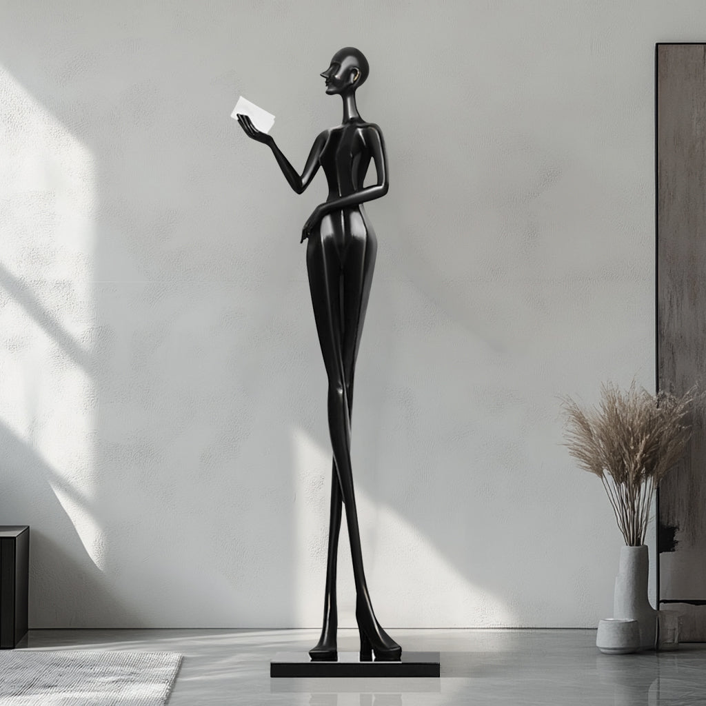 Custom human abstract black indoor floor sculpture with glossy black finish, display indoor living room 