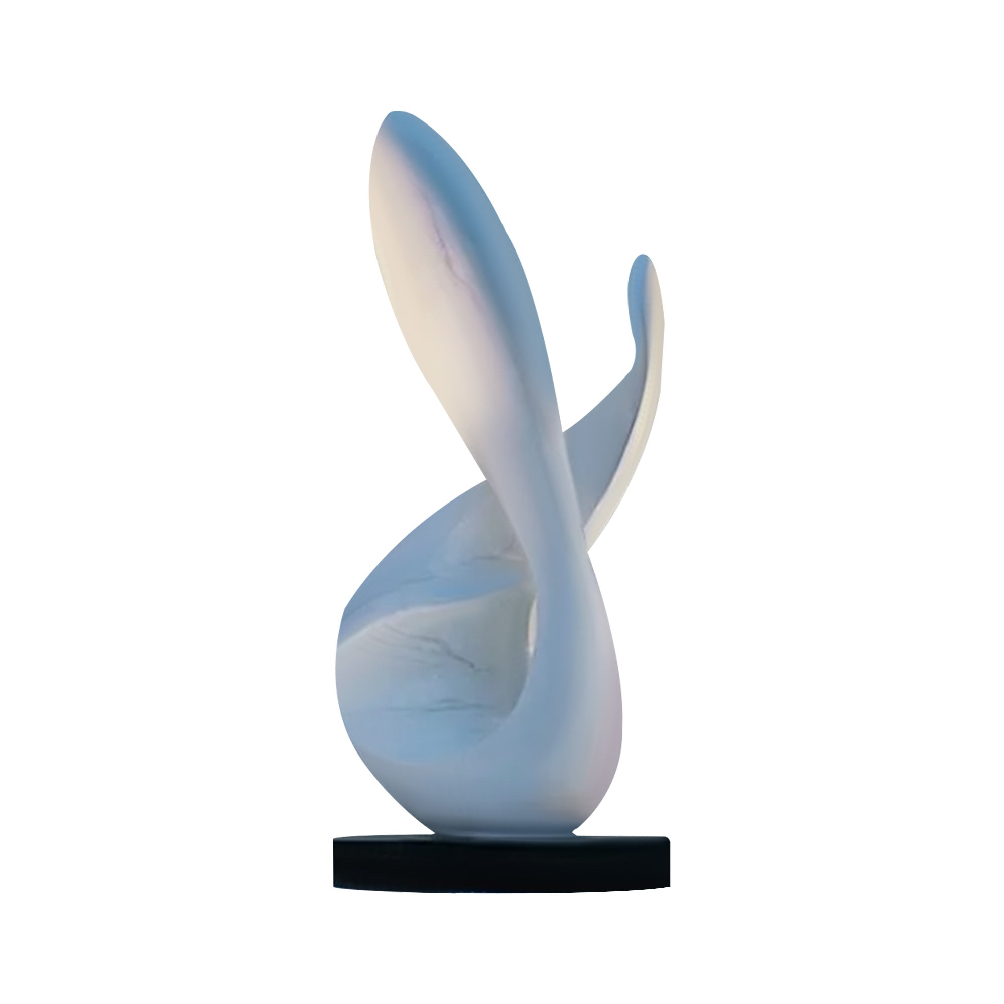 Custom abstract white indoor sculpture with a smooth finish and black base