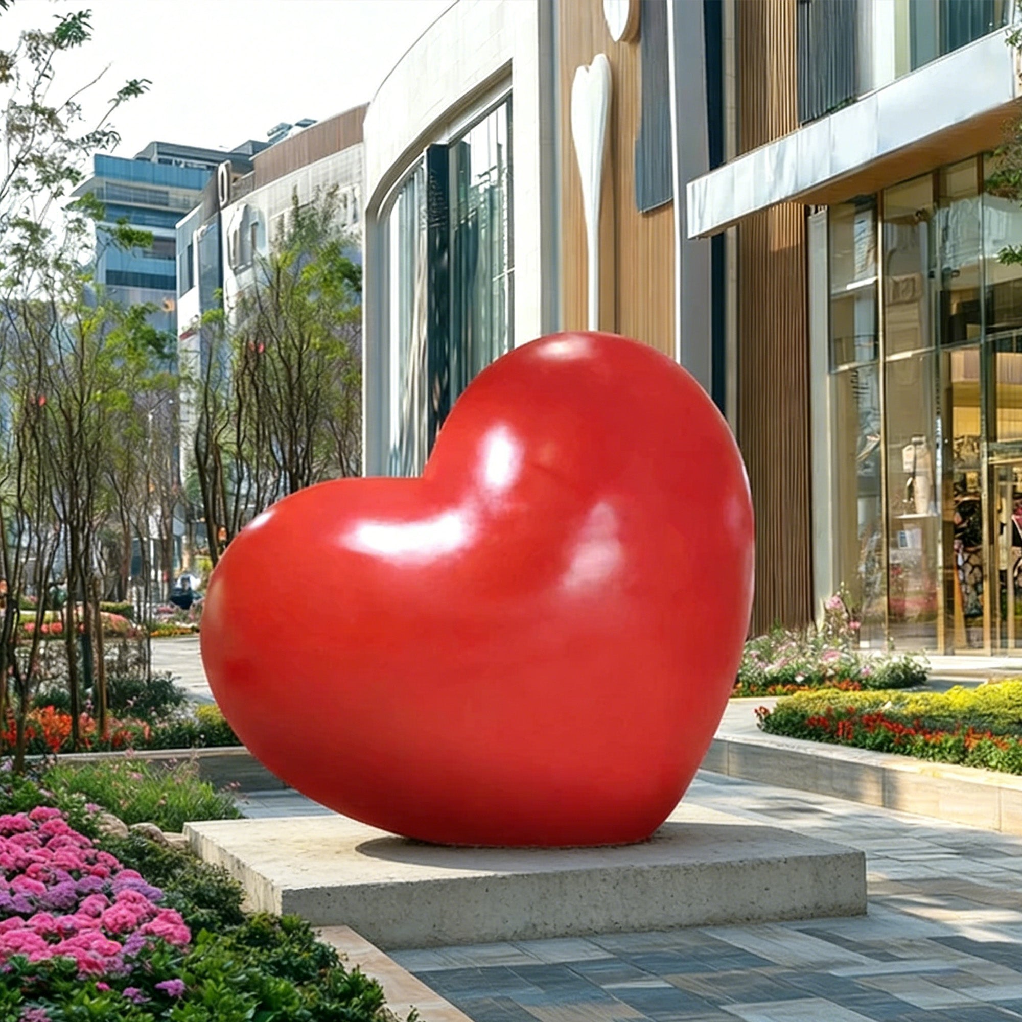 Large red heart sculpture made of fiberglass, displayed in a modern outdoor setting with flowers and contemporary buildings.