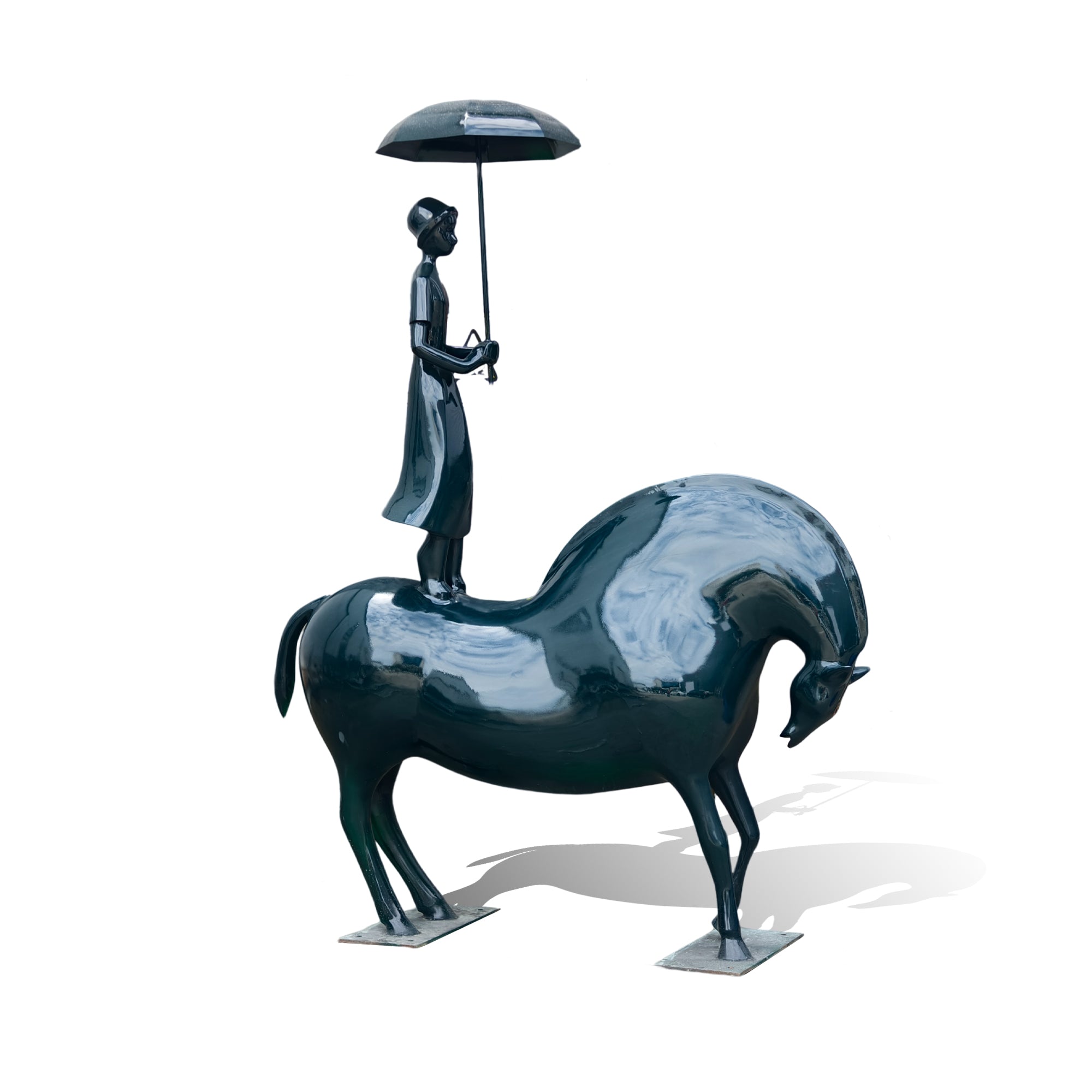 Surreal fiberglass artwork of a child figure on horseback with an umbrella, designed for cultural landscapes and poolside terraces.