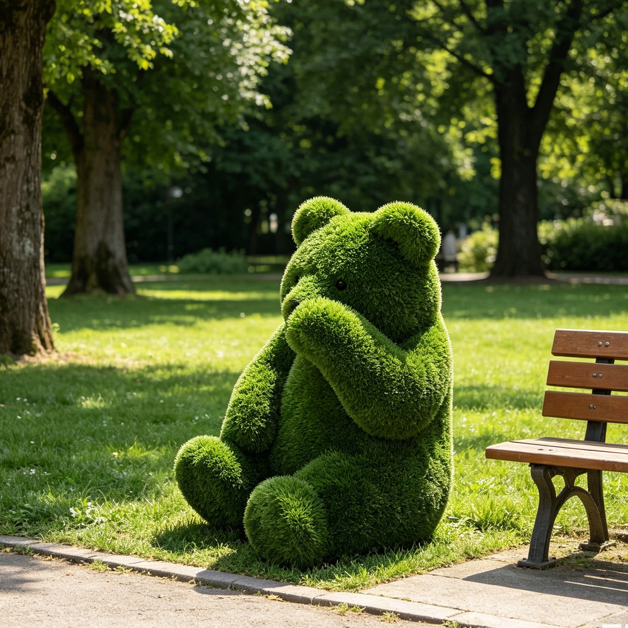 Artificial grass bear sculpture displayed on a sunny park lawn beside a bench