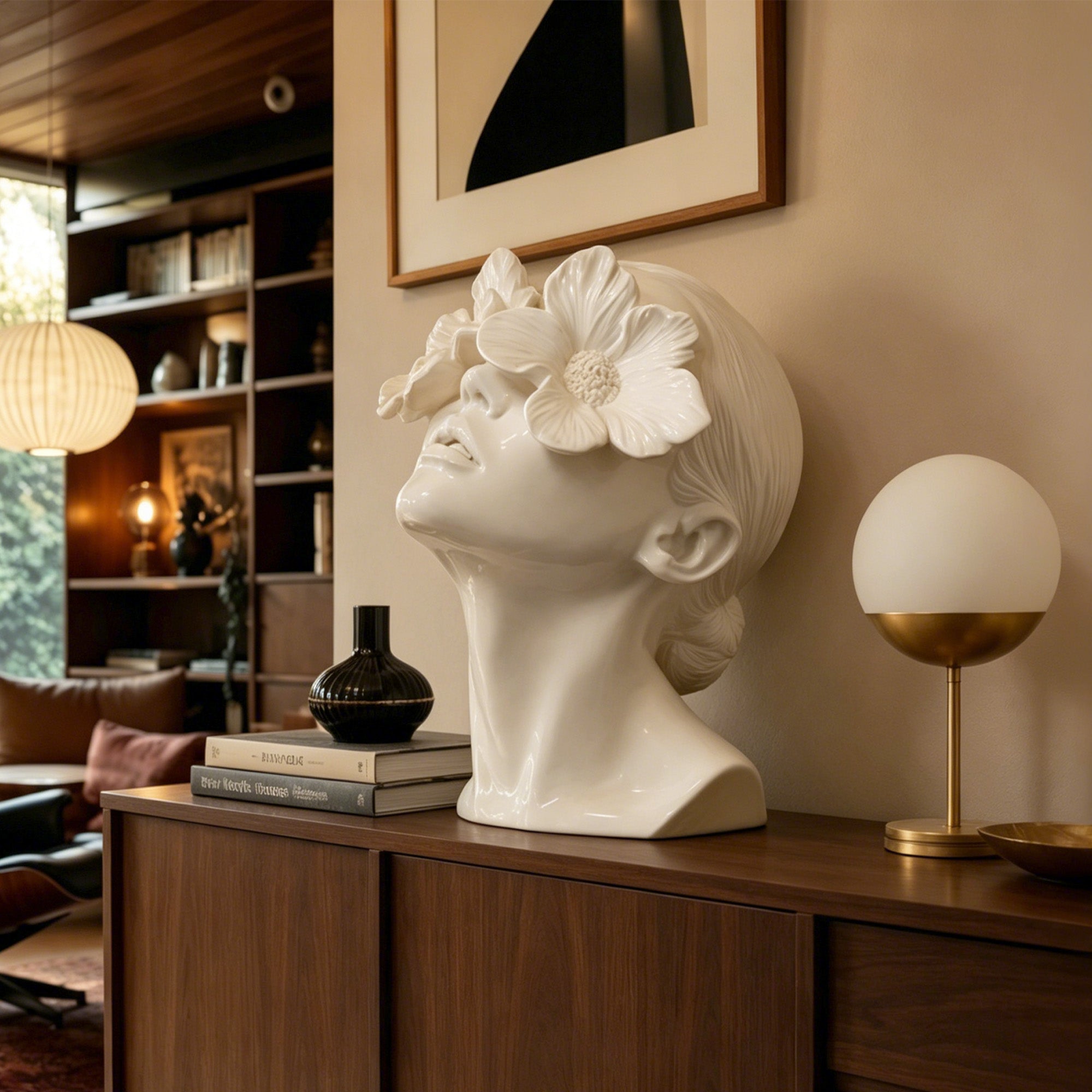 Floral crown female portrait bust displayed on a wooden console table in a modern living room as botanical statement art for a refined interior