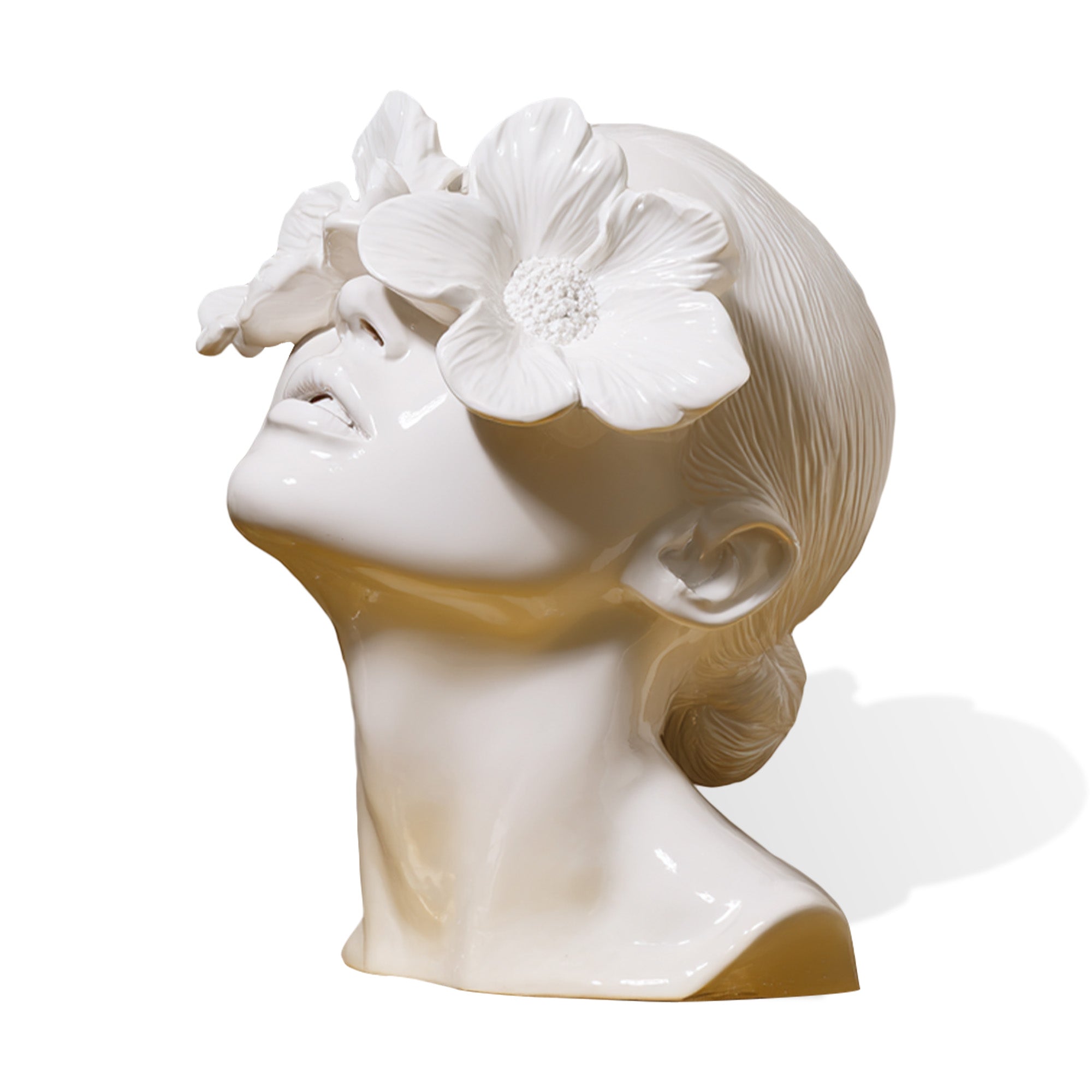 Ivory white fiberglass woman bust sculpture with an upward gaze, sculpted flowers across the forehead, detailed hair texture, and a smooth contemporary finish