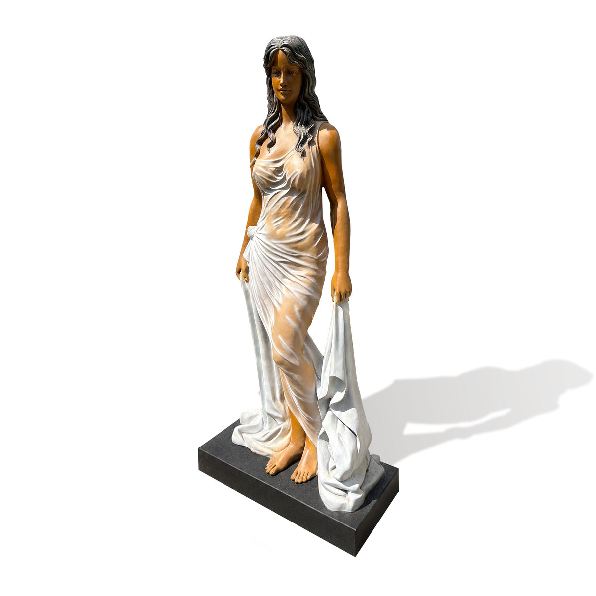 Three-quarter side view of a fiberglass female figure highlighting her wavy hair, gently turned face and fitted gown with deep diagonal folds gathered beneath a rose-shaped hip detail. Long fabric panels fall from her hands onto a black rectangular base.