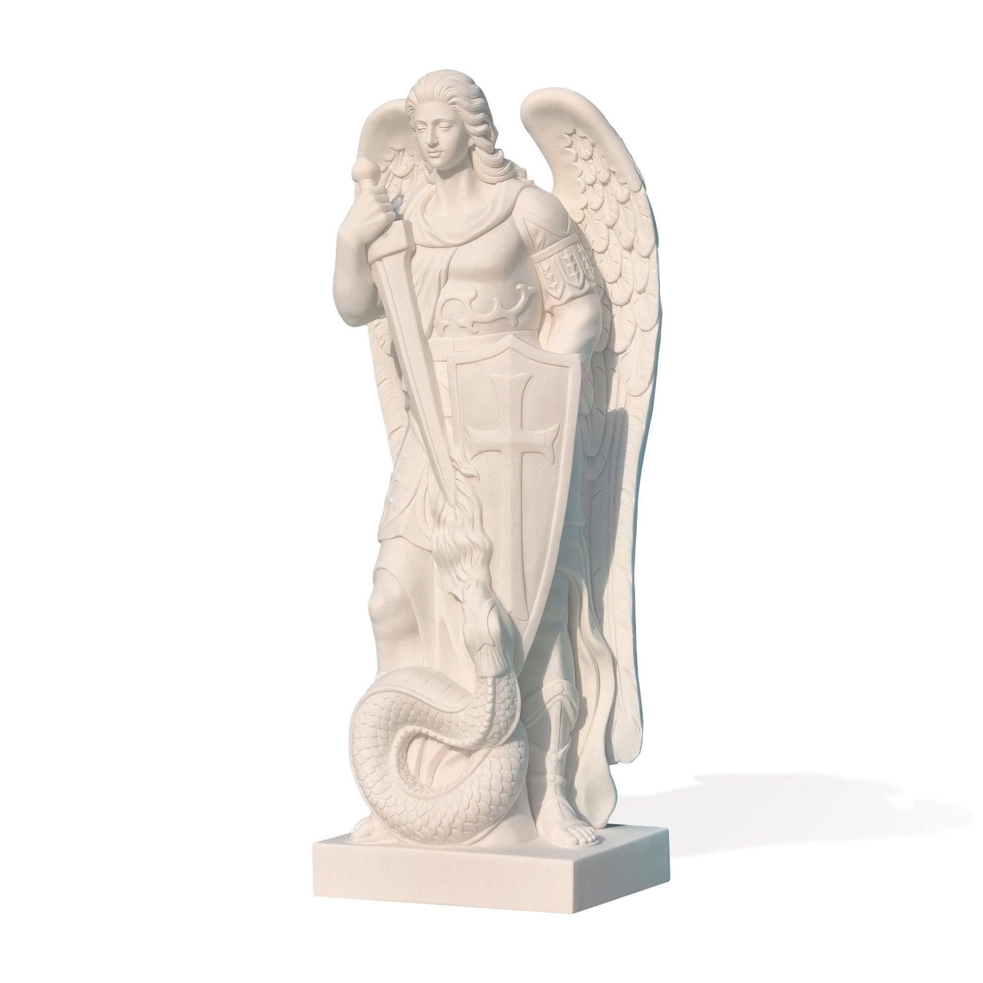 Marble statue for sale featuring Saint Michael the Archangel, intricately sculpted with a sword and shield, standing triumphantly over a serpent. This high-quality marble statue is perfect for luxury home decor, gardens, and religious spaces