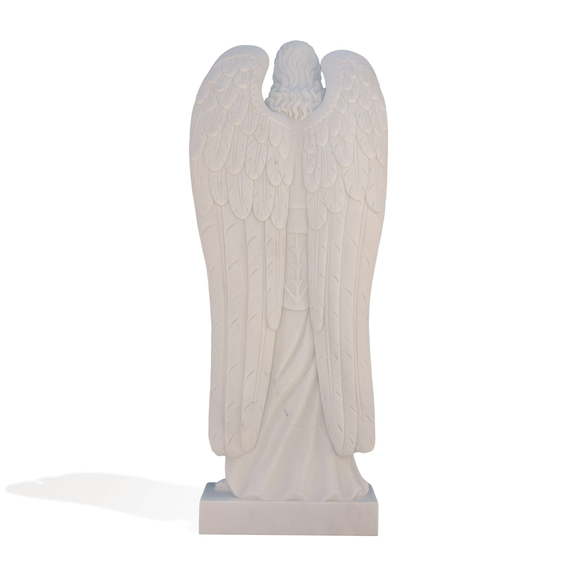 Back view of Finest-FM-002 marble statue, revealing the majestic wings and robe of Saint Michael. This exquisitely detailed statue exudes divine strength and protection