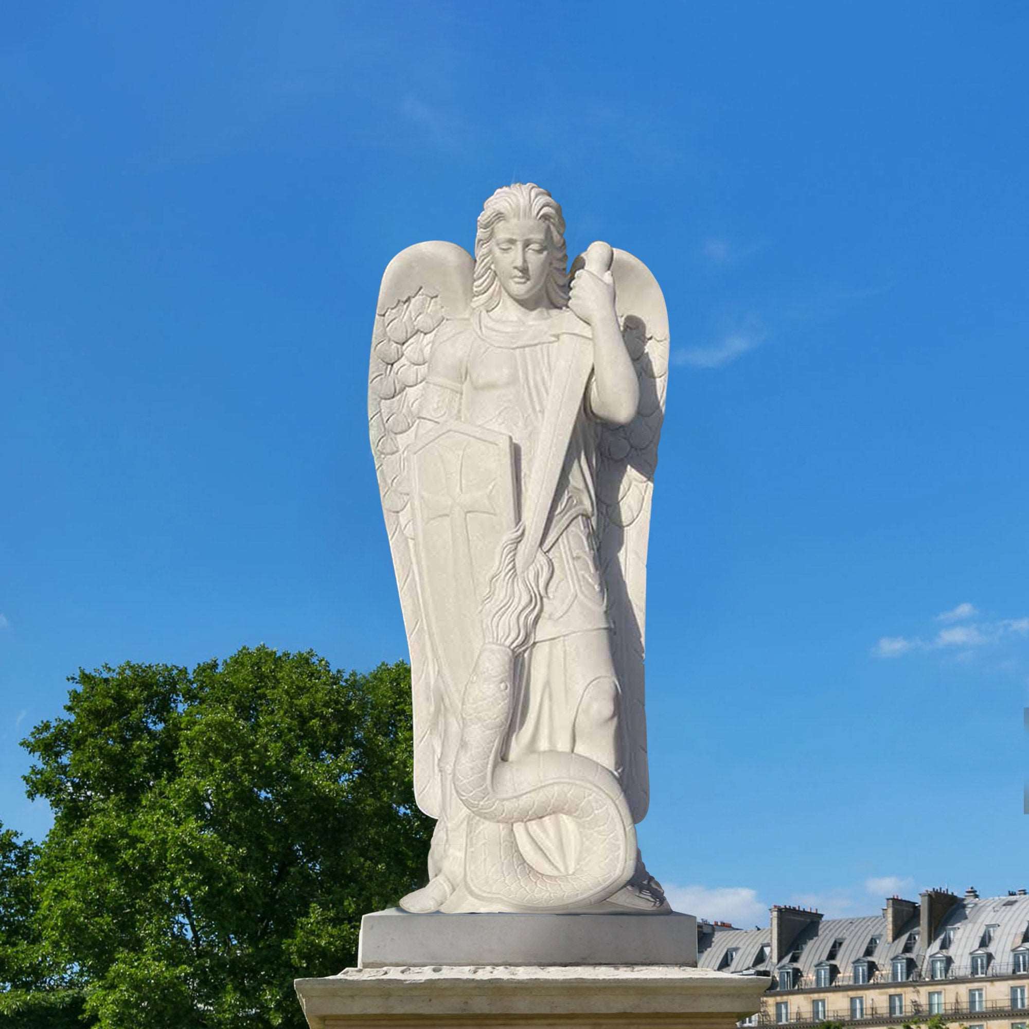 Saint Michael white marble statue