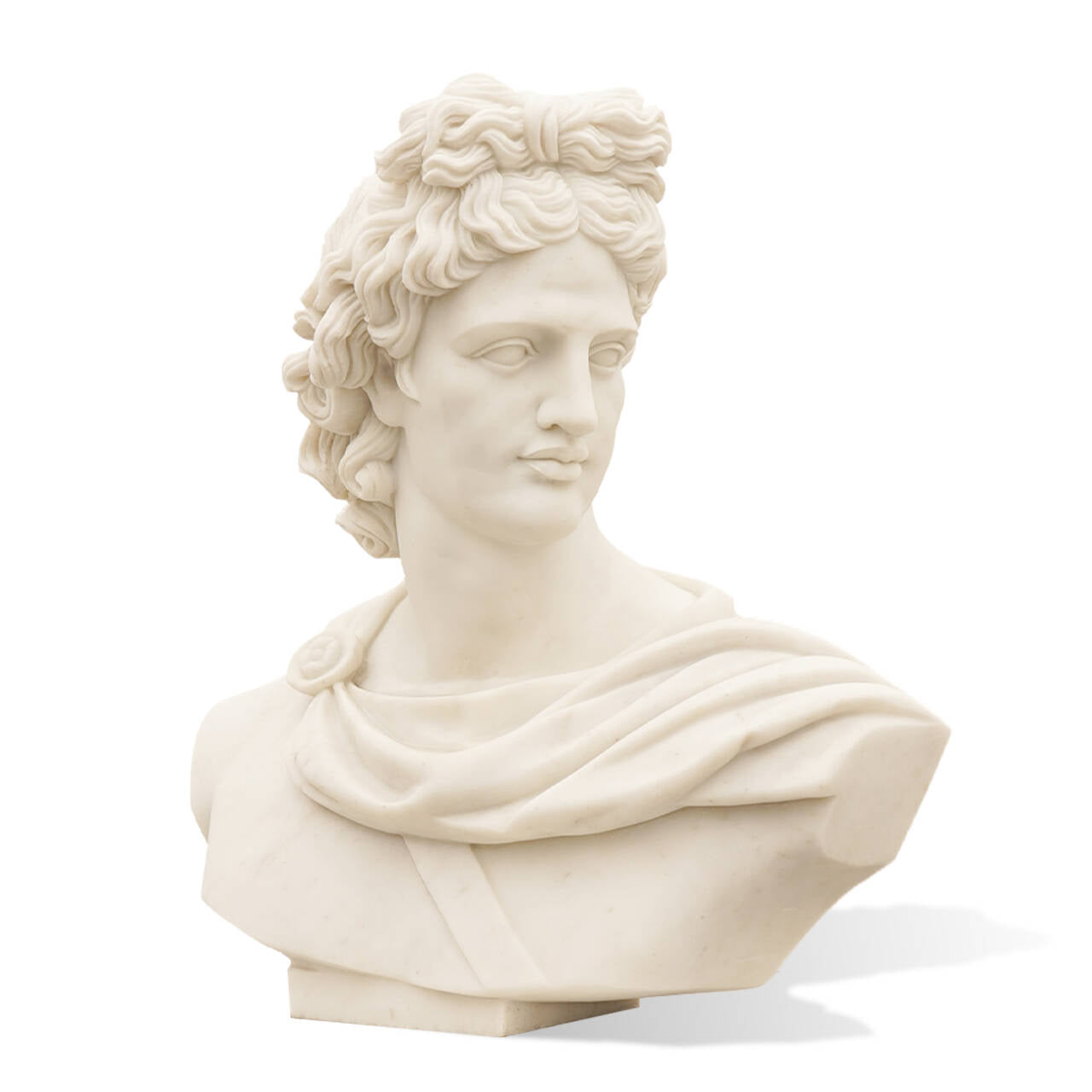 Classical marble bust of Apollo, the Greek god of music and prophecy, featuring intricate details of his hair, cloak, and facial expression. Perfect for adding elegance to your collection.