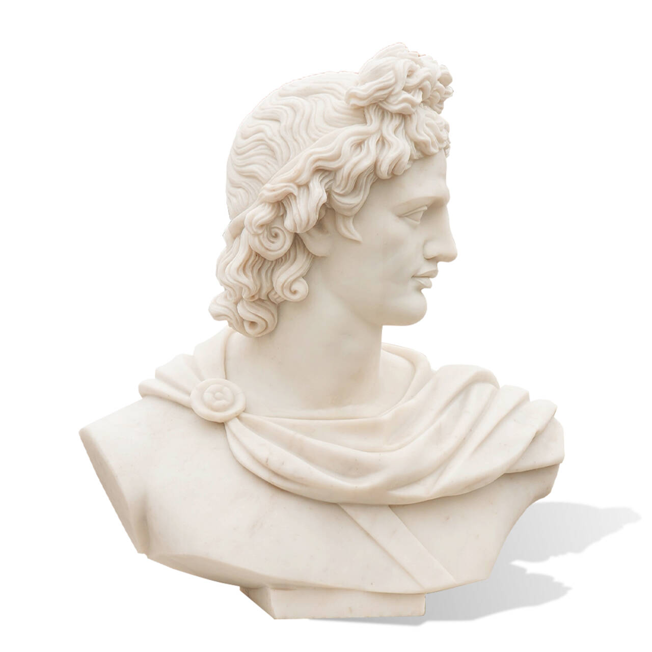 Exquisite marble sculpture of Apollo, showcasing the god’s serene yet powerful gaze, crafted with high precision and artistic finesse in classical Greek style.
