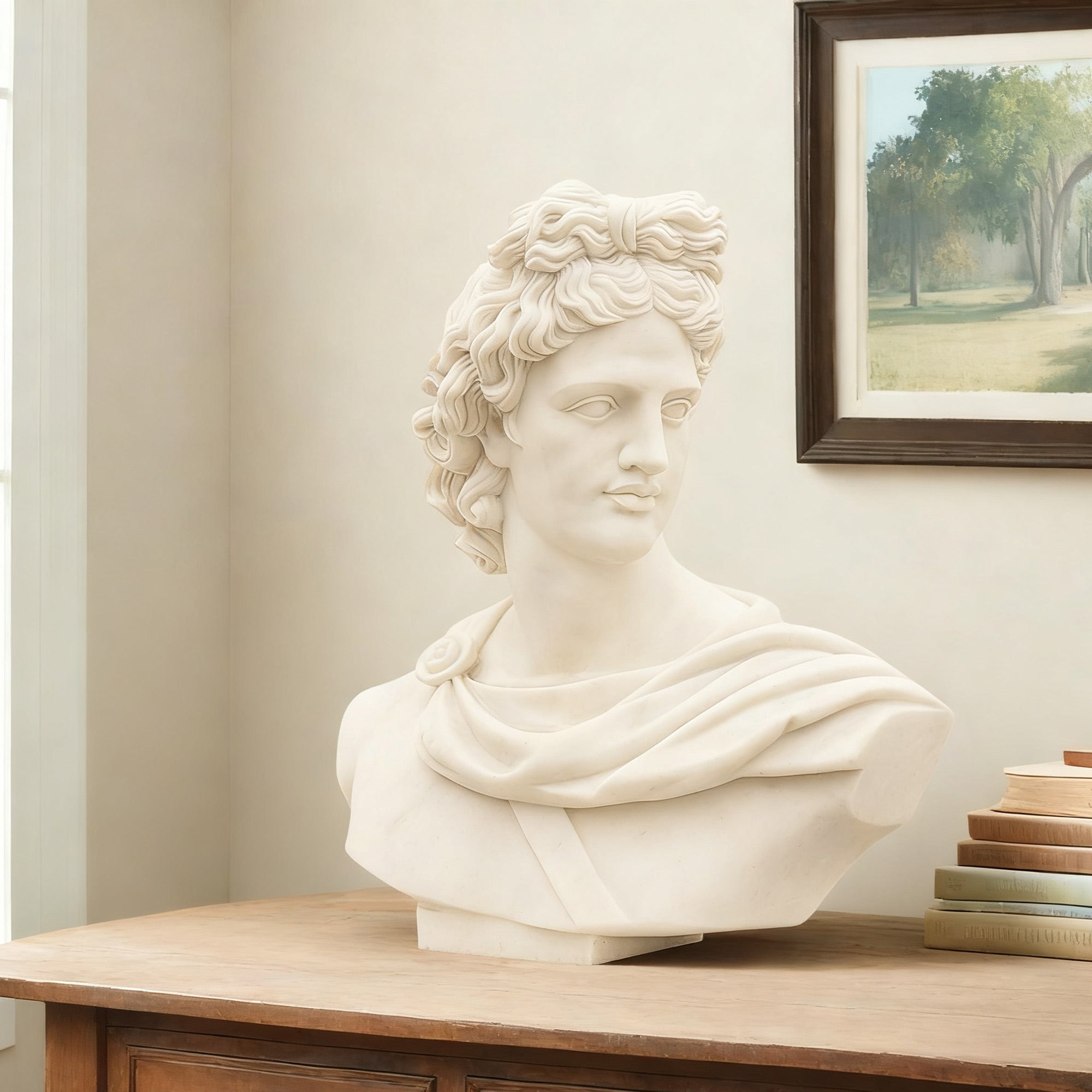 A marble bust of Apollo, showcasing classical beauty and strength. This finely detailed sculpture captures Apollo's idealized facial features, flowing hair, and regal expression. A perfect addition to any collection or luxury space, symbolizing Greek mythology and timeless artistry.