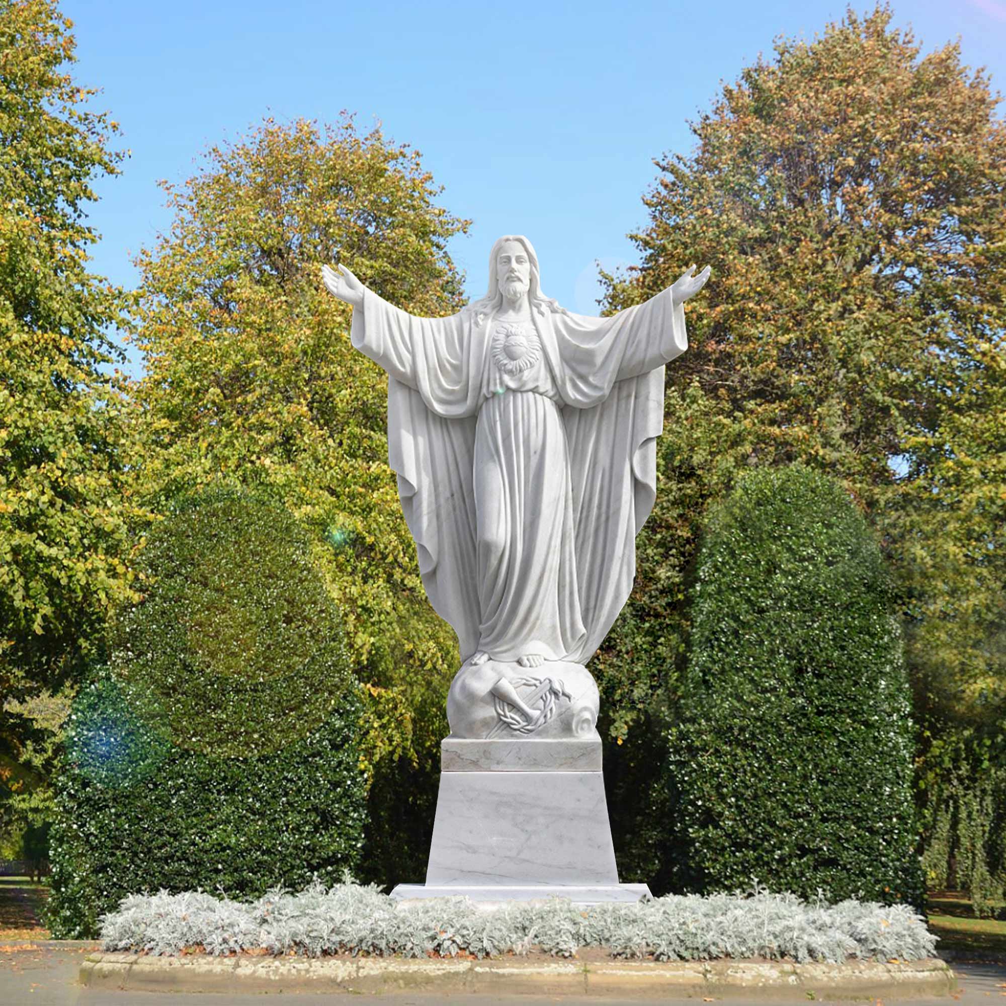 hand carved scared heart jesus statues white marble with base