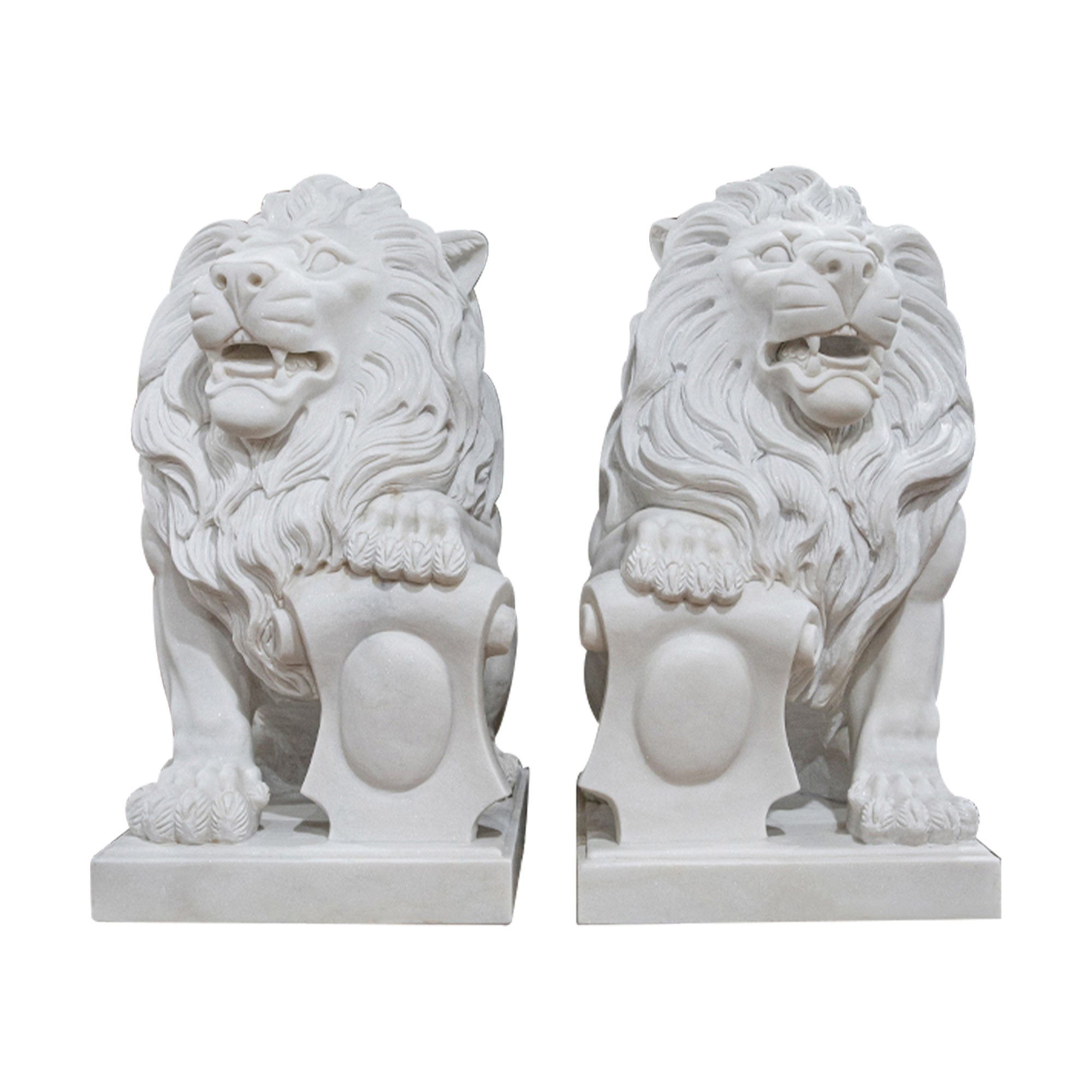 a pair large sitting lion white marble statues