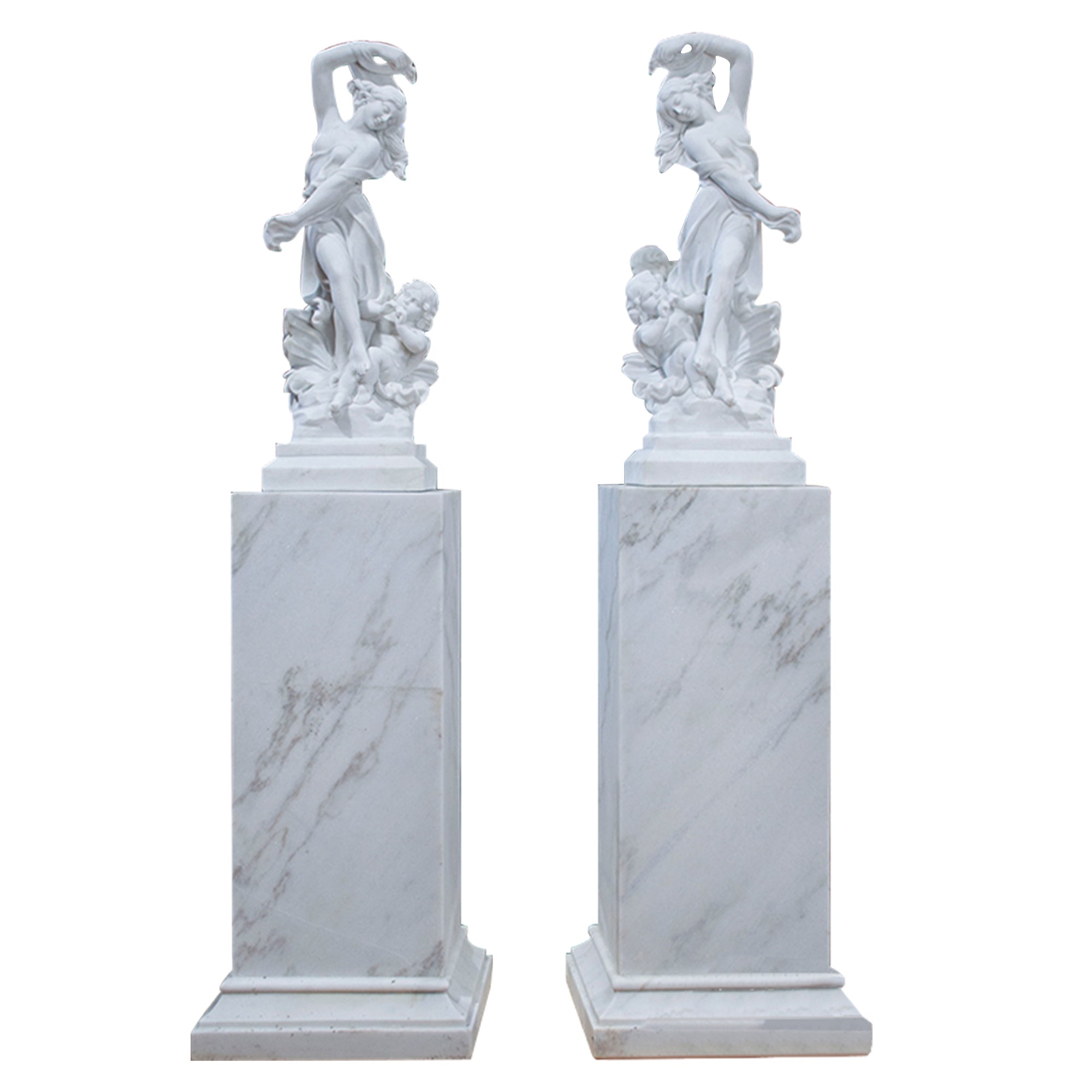 Pair Children and Women White Marble Statue with Pedestals