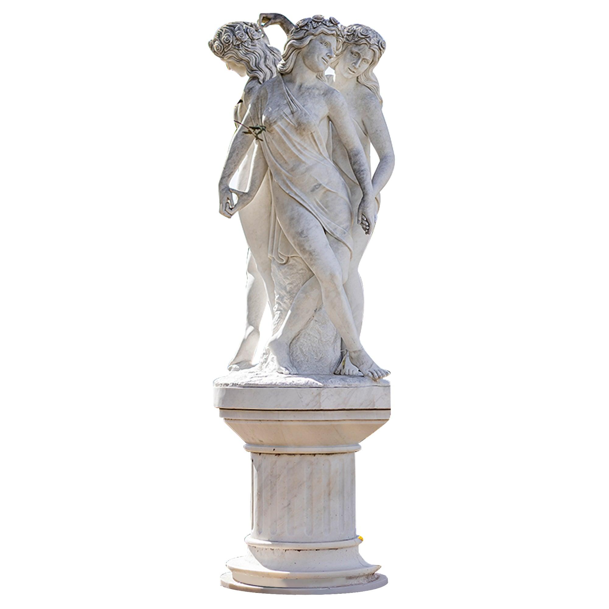 three girls white marble statue with pedestals