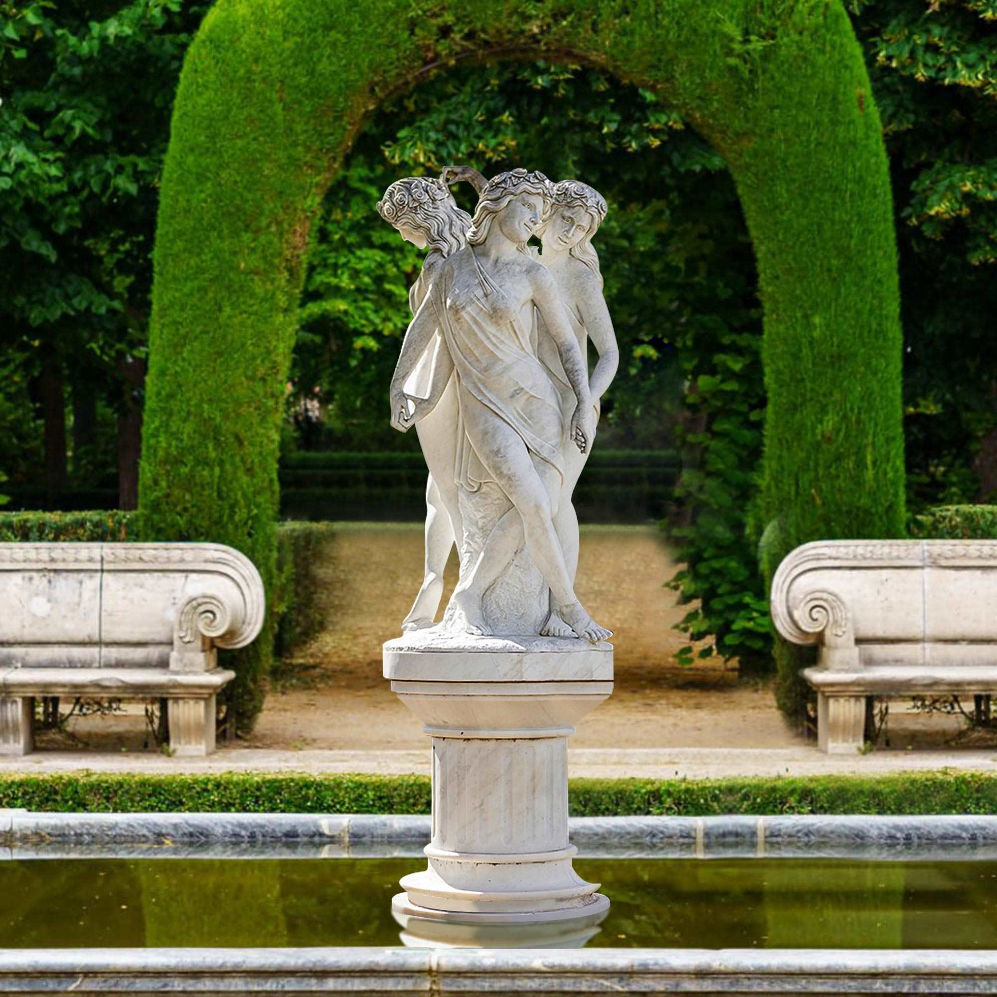 three girls white marble statue with pedestals