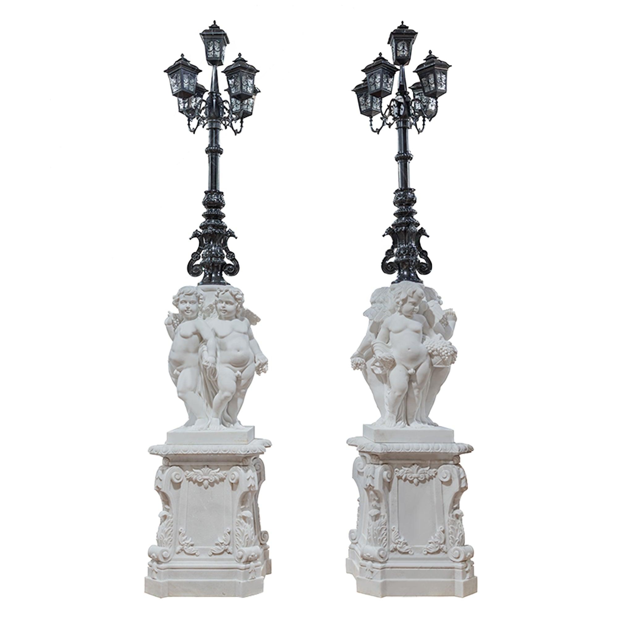 A Set White Marble Lamp Sculptures with Black Lamp