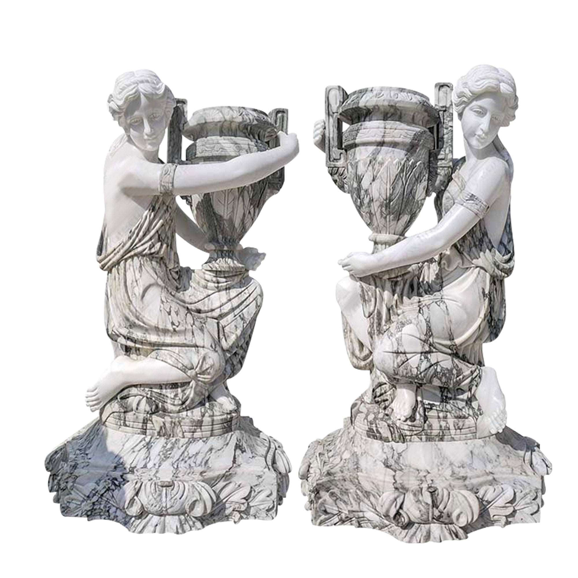 a pair sitting maidens natural marble statues with grey color