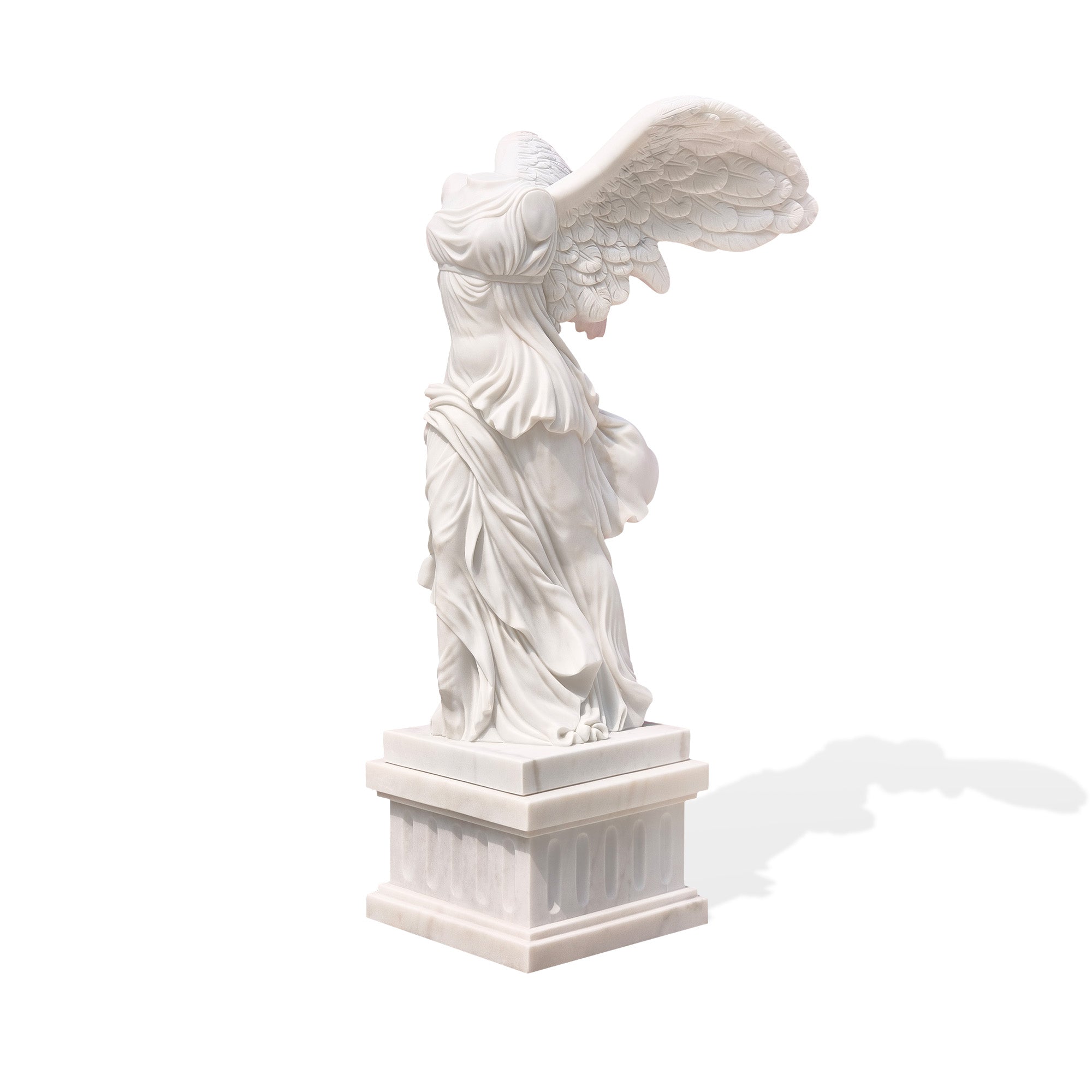 In-stock marble replica of the famous Winged Victory of Samothrace, with wings spread wide and draped in flowing robes, dimensions 27.1W x 75H x 38.3D including the pedestal