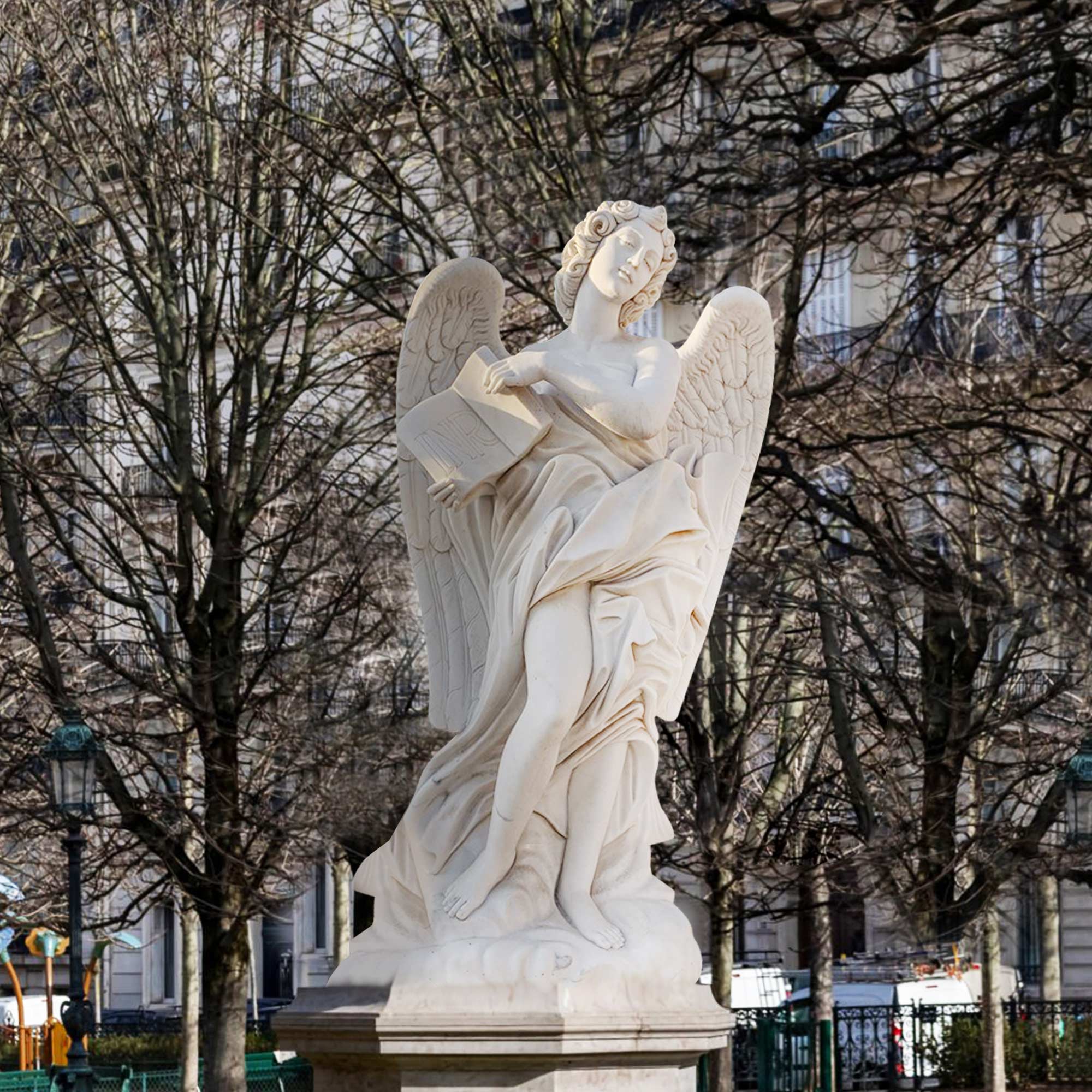 reading winged angle marble figure sculpture for garden decoration