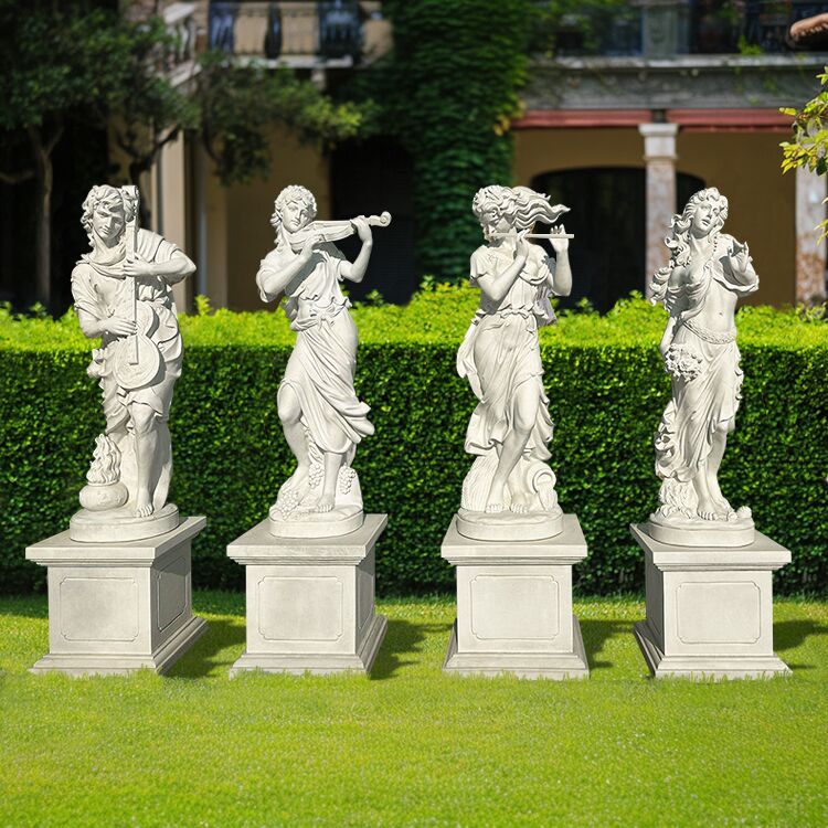 Elegant stone sculptures of four musical ladies on a tiered garden terrace, surrounded by greenery and classical architecture