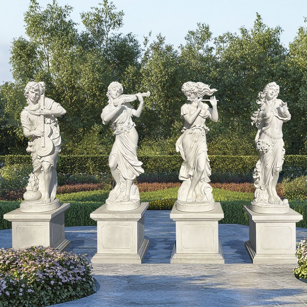 Elegant stone sculptures of two musical ladies, one with a violin and the other with a lute, on a tiered garden terrace surrounded by greenery