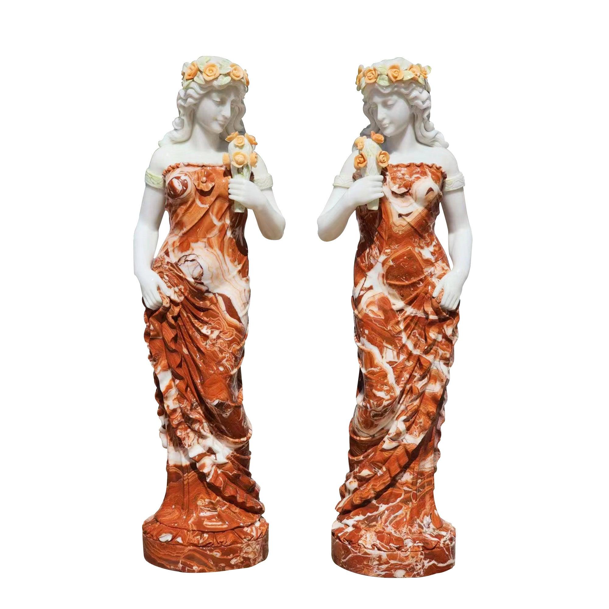 a pair natural marble statue lady with flower on hand