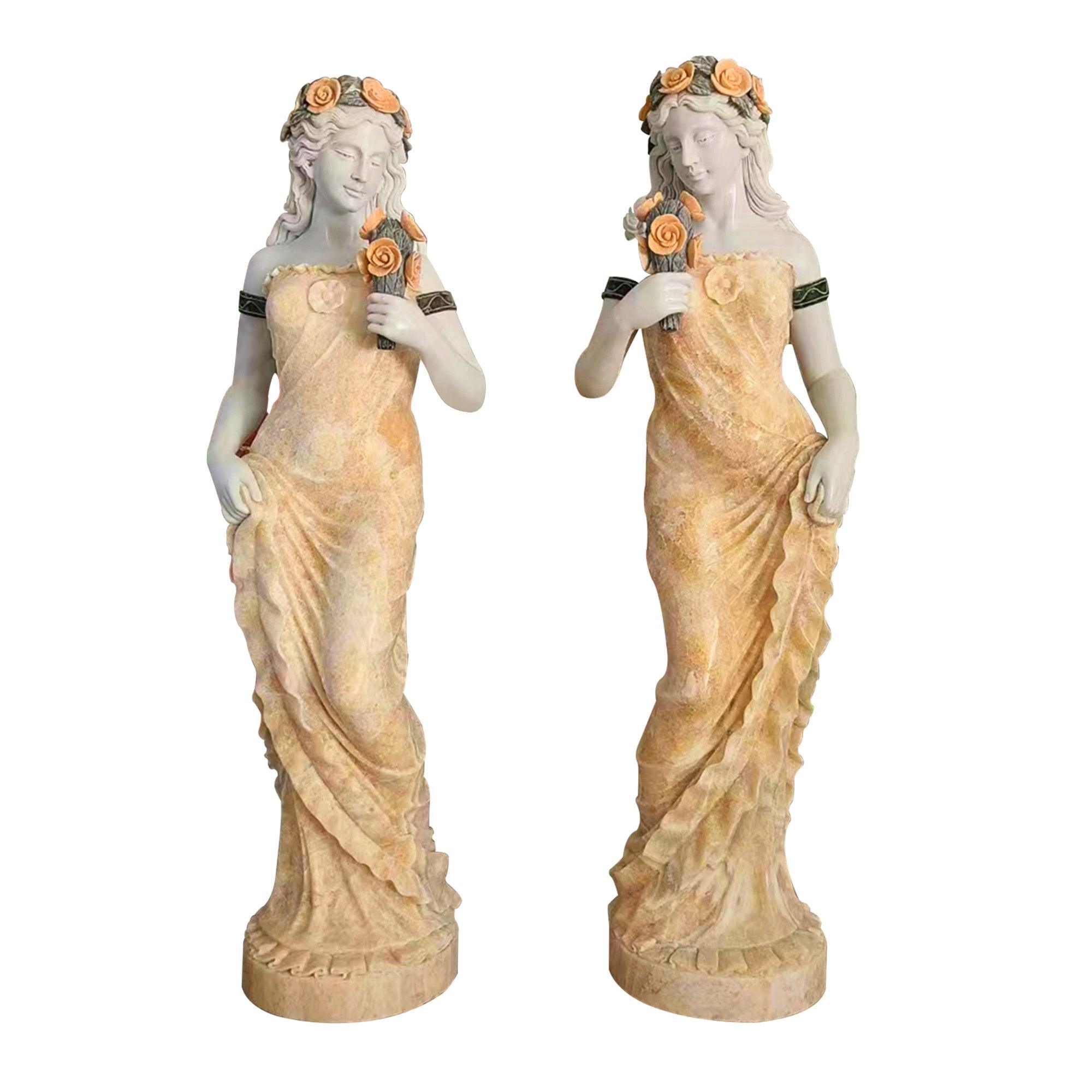 a pair natural marble statue lady with flower on hand