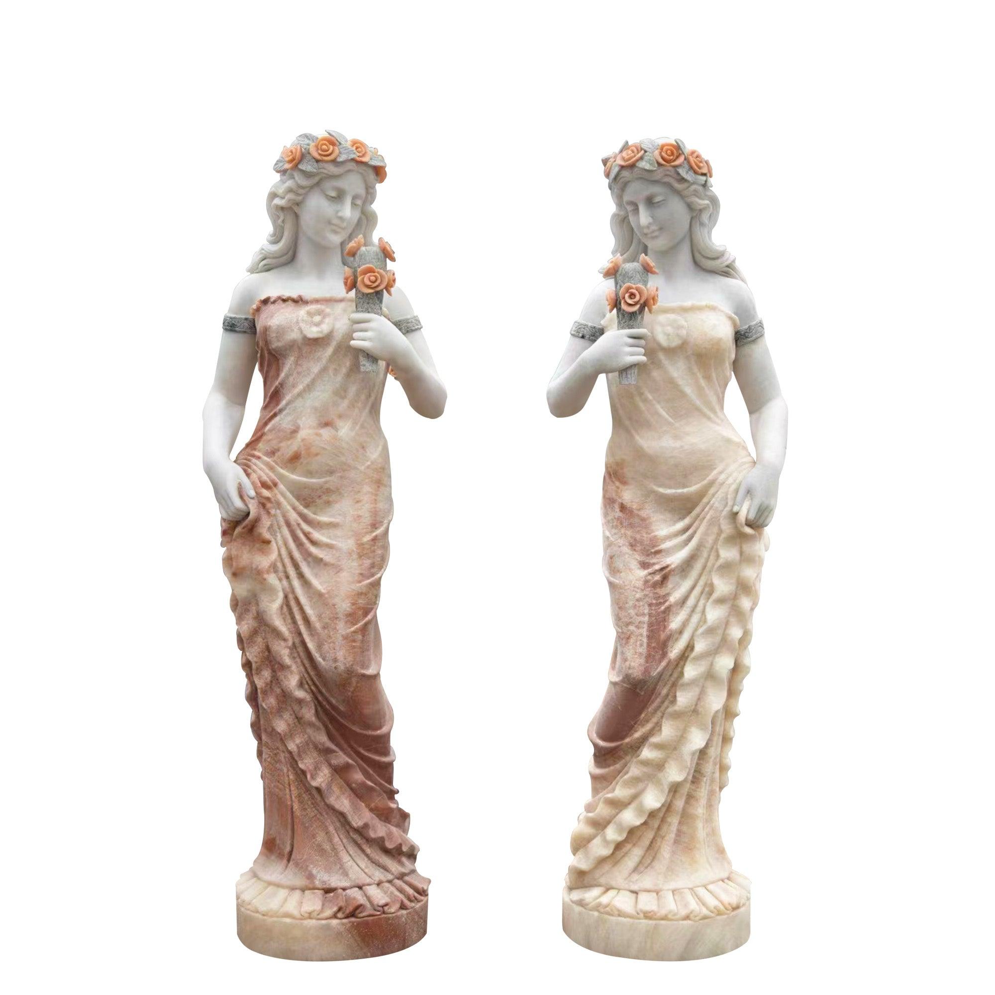 a pair natural marble statue lady with flower on hand