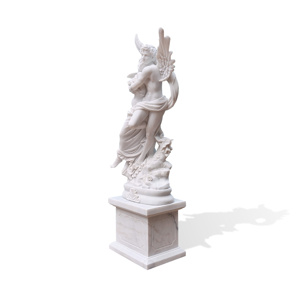 Side view of a classical white marble Cupid and Psyche statue replica featuring the embracing figures, carved angel wings, flowing drapery and marble pedestal