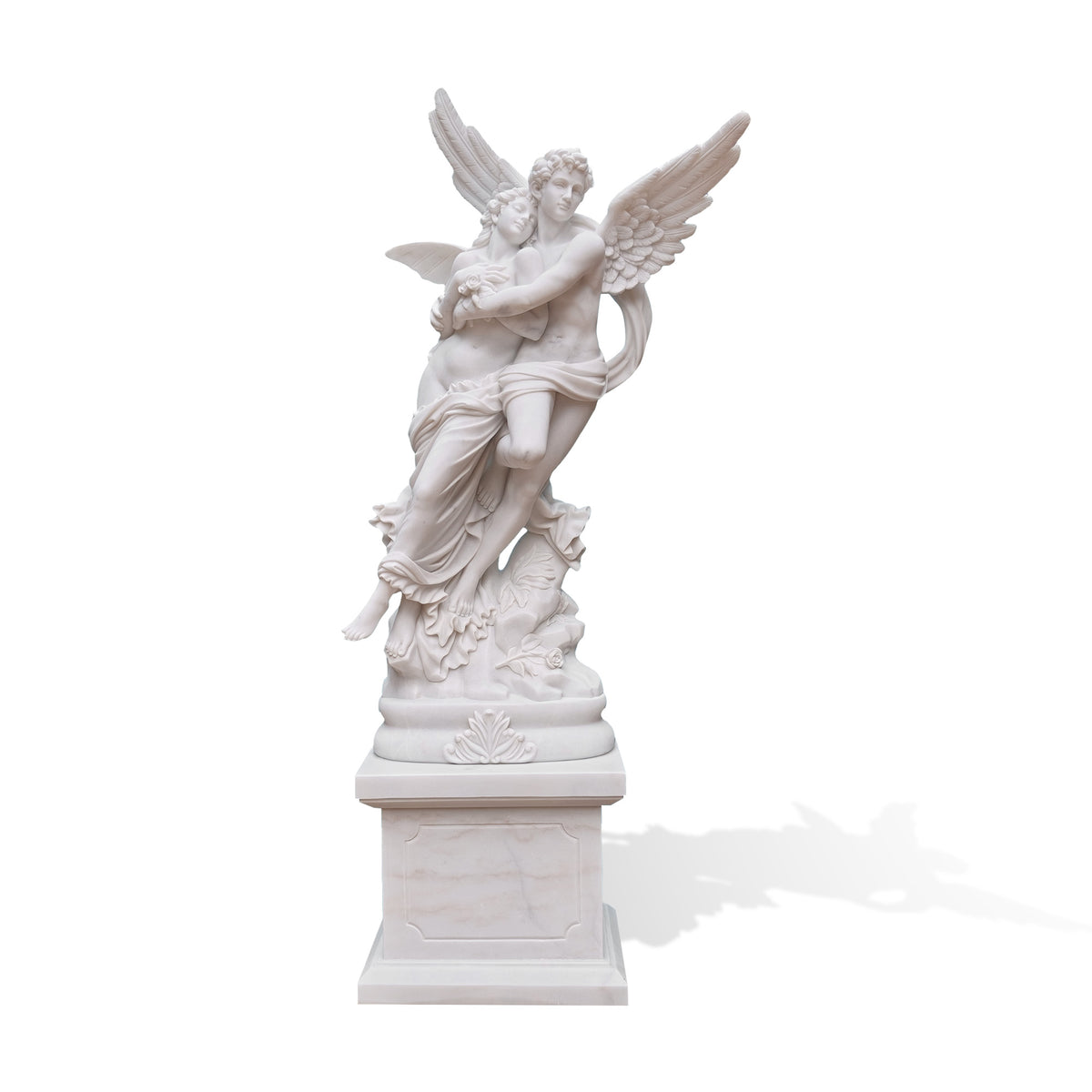 Front view of a white marble Cupid and Psyche sculpture replica depicting the winged Cupid embracing Psyche on a classical pedestal