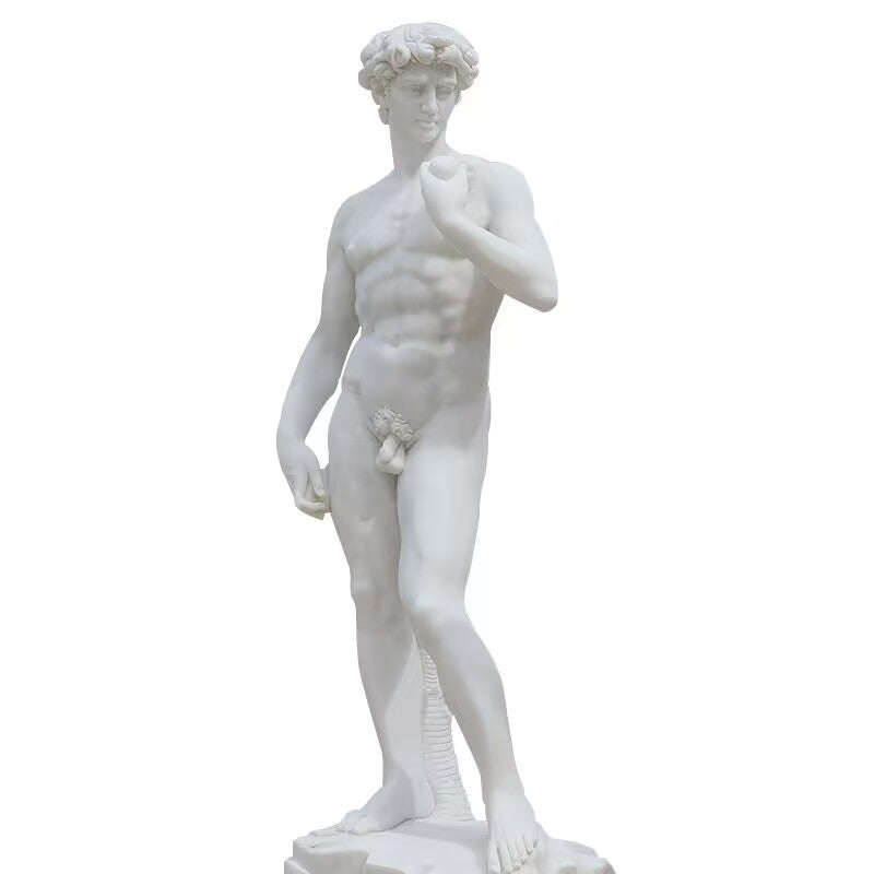 Replica of Michelangelo's David statue in marble, showcasing detailed anatomy and Renaissance artistry.