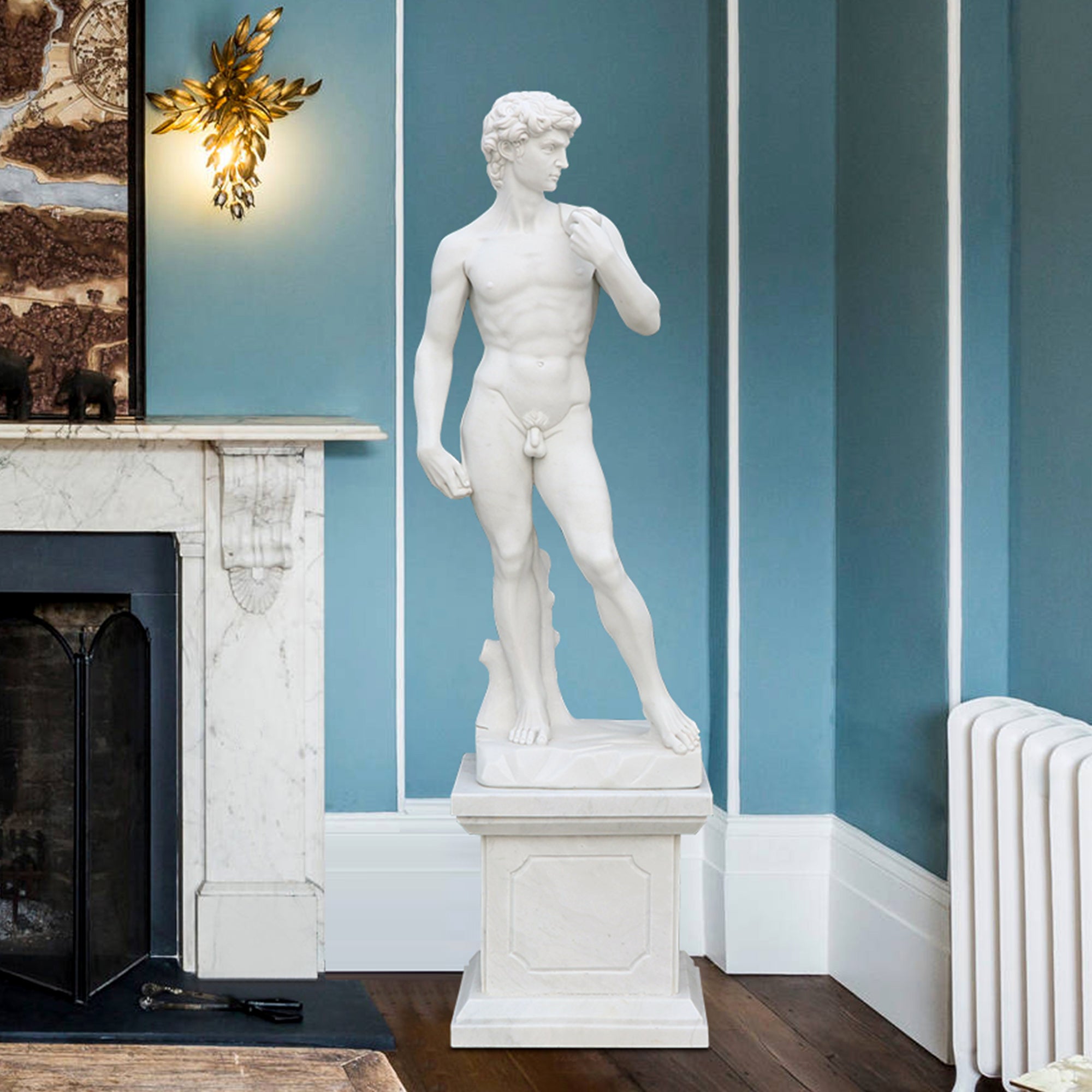 Replica of Michelangelo's David statue in marble display in lobby