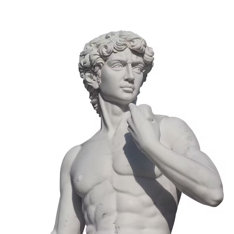 Replica of Michelangelo's David statue in marble, showcasing detailed anatomy and Renaissance artistry.