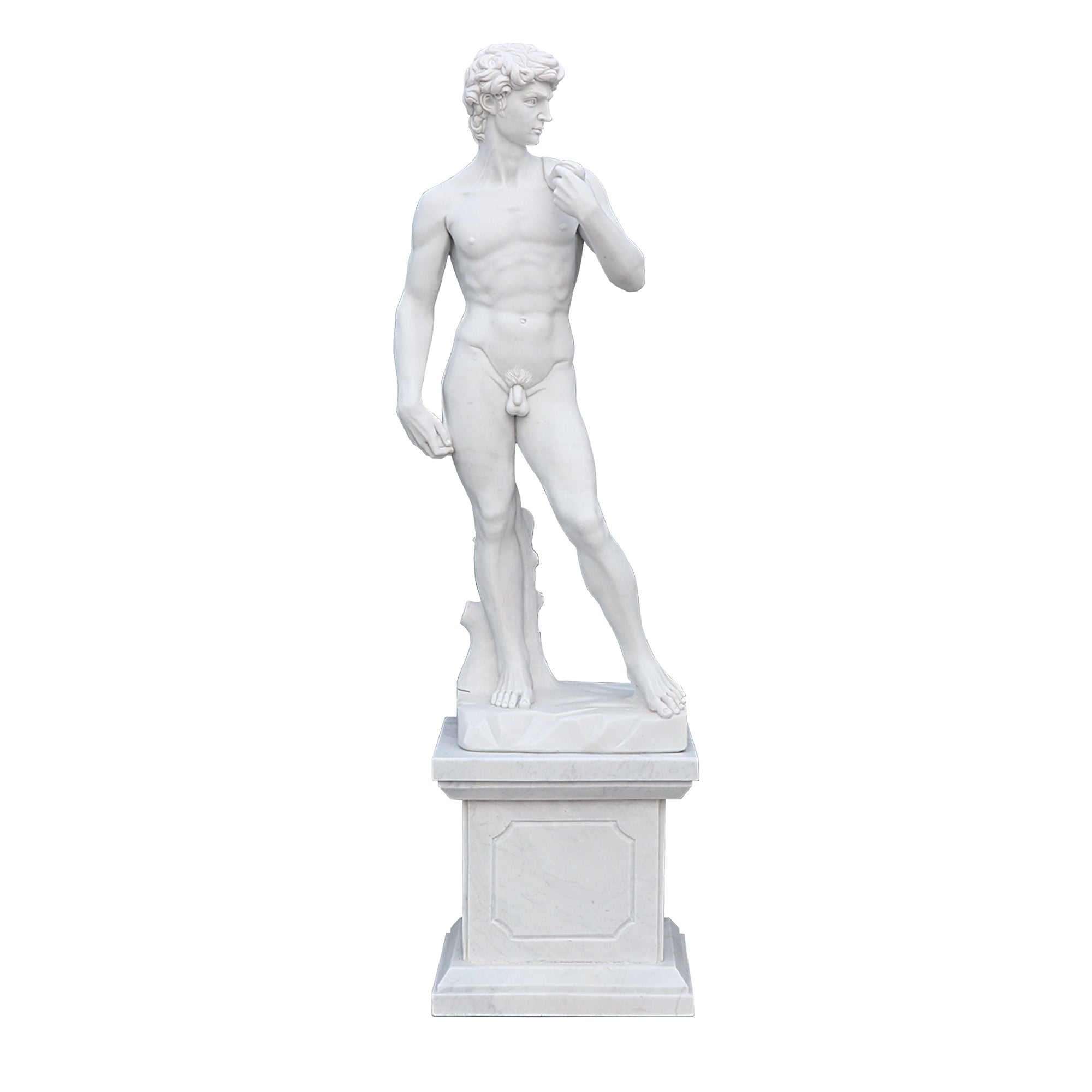 Replica of Michelangelo's David statue in marble with pedestal
