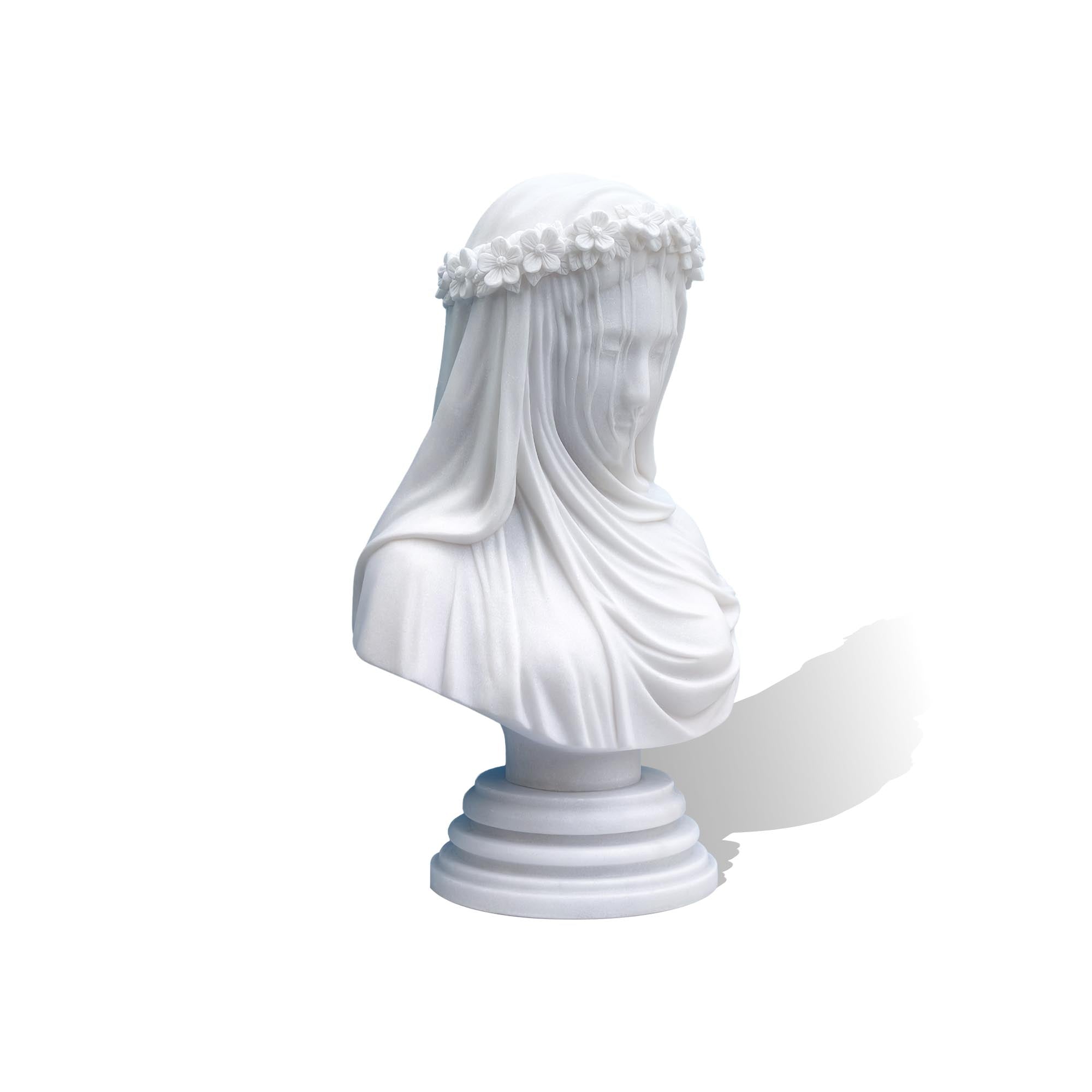 White marble veiled lady bust, close-up left view, delicate handcrafted sculpture for collectors.