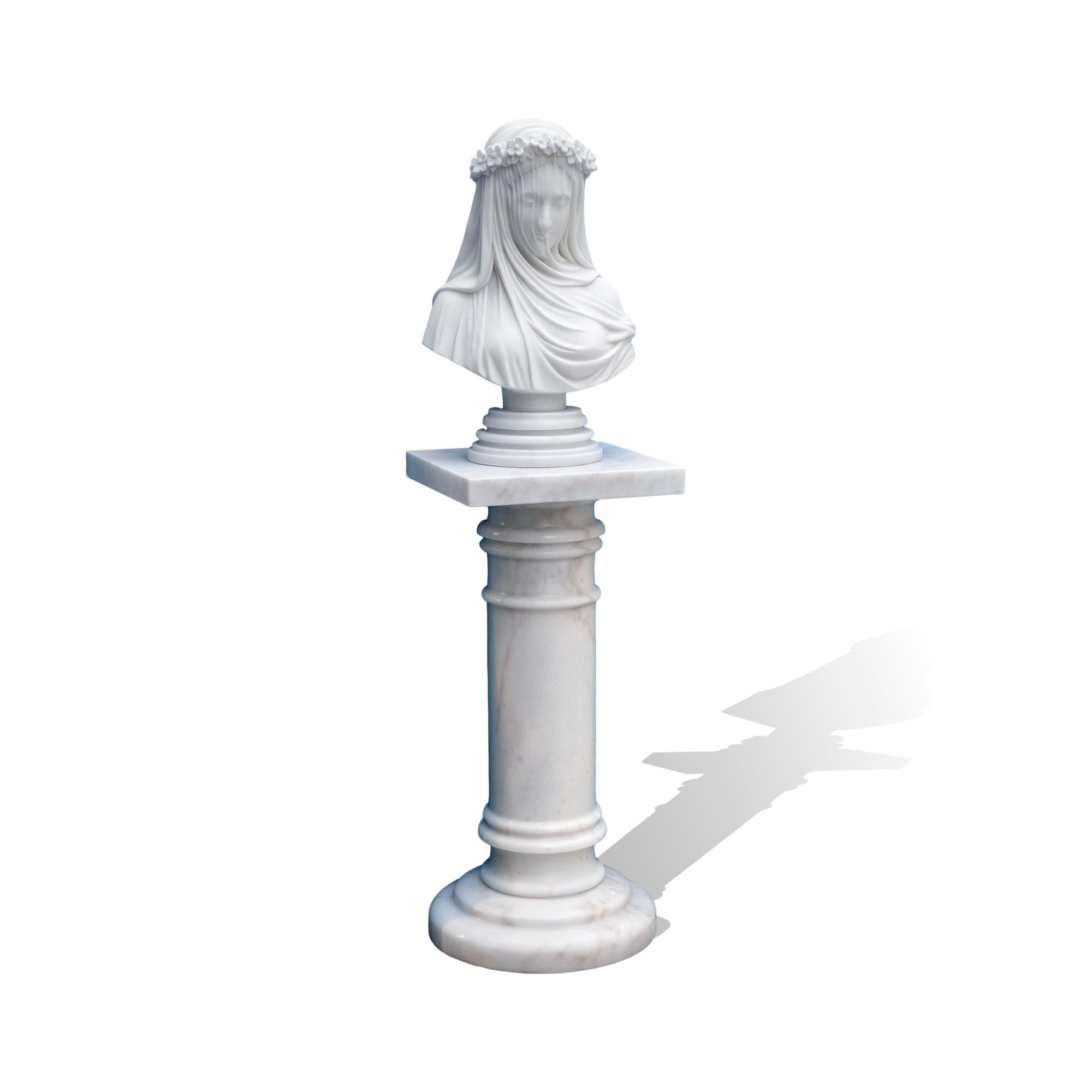Marble veiled lady bust sculpture with pedestal, front view, fine classical stone artwork for home and gallery decoration.