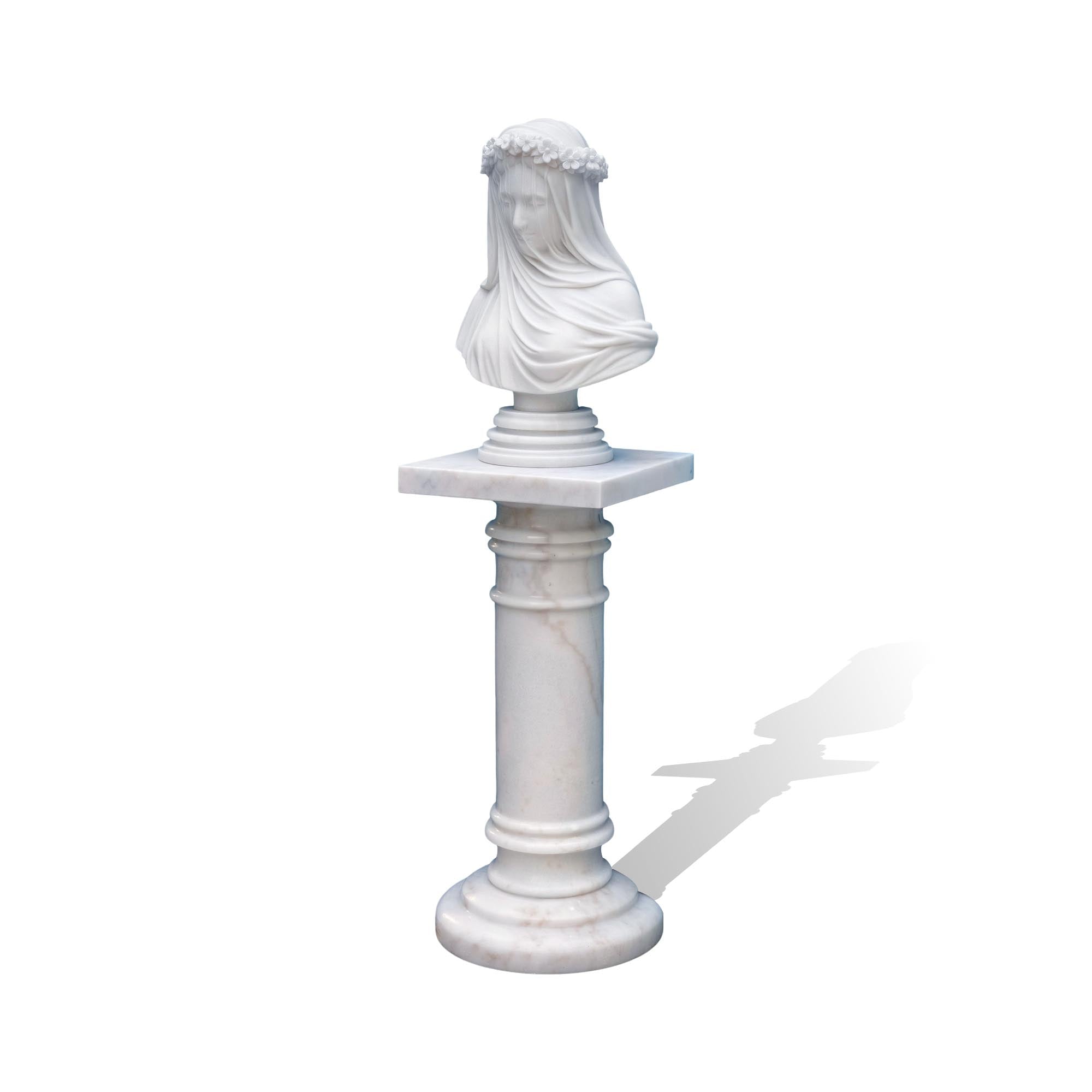 Marble veiled lady bust sculpture with pedestal, angled view, elegant stone artwork for indoor display.