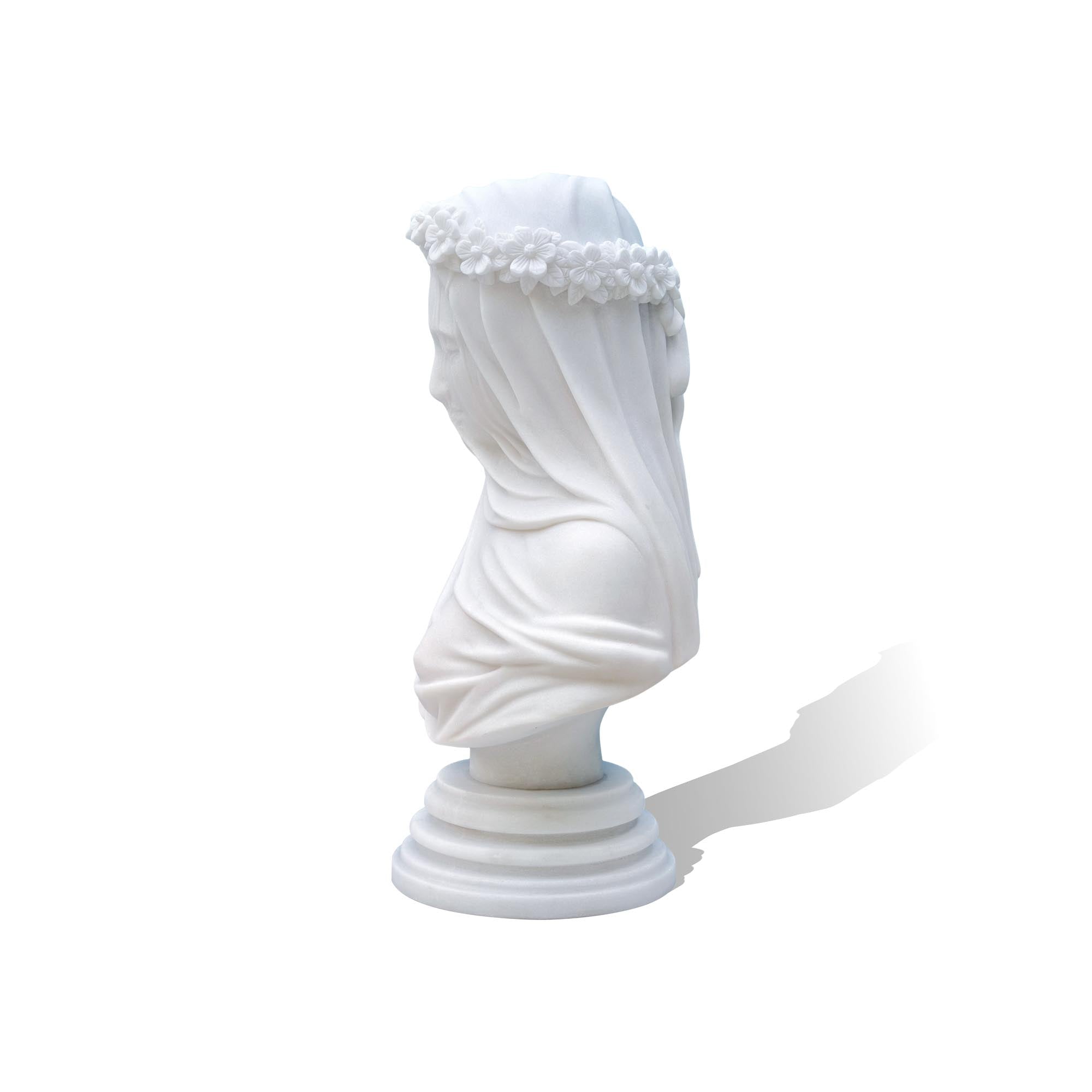 White marble veiled lady bust, close-up left view, delicate handcrafted sculpture for collectors.