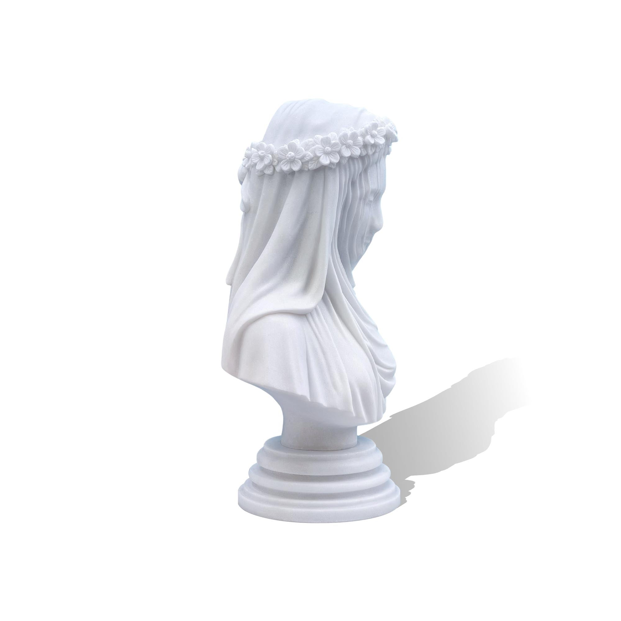 White marble veiled lady bust, right side profile, realistic fine art sculpture for villa and hotel decor.